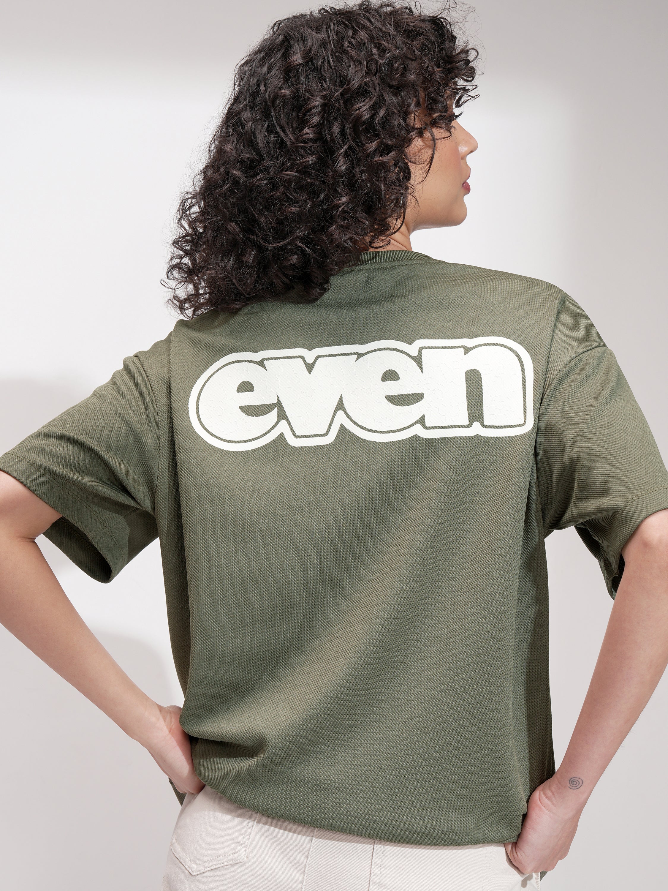 Tokyo Talkies Women Olive Self Design Oversized Fit T-Shirt - Olive - Image 1
