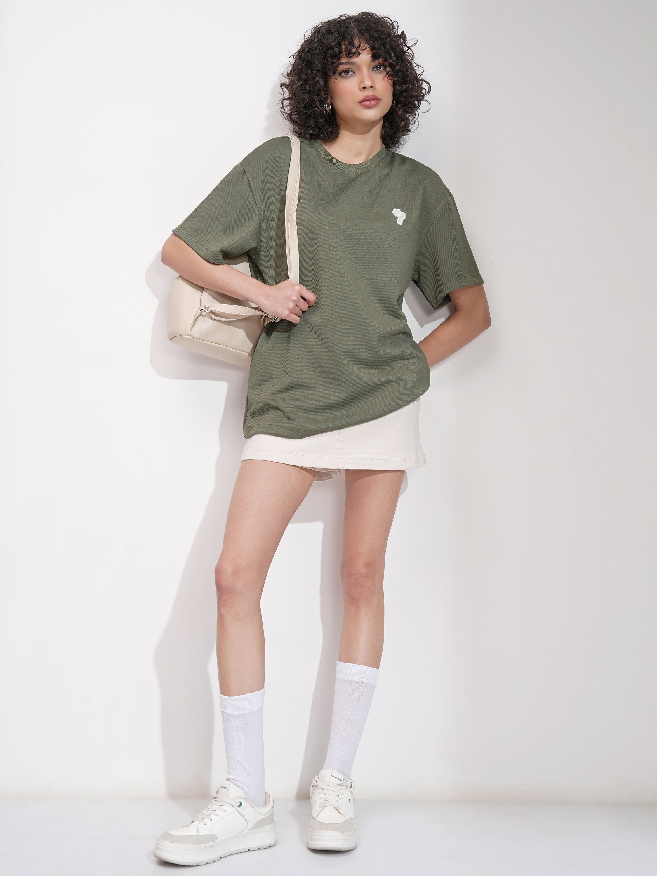 Tokyo Talkies Women Olive Self Design Oversized Fit T-Shirt - Olive - Image 2