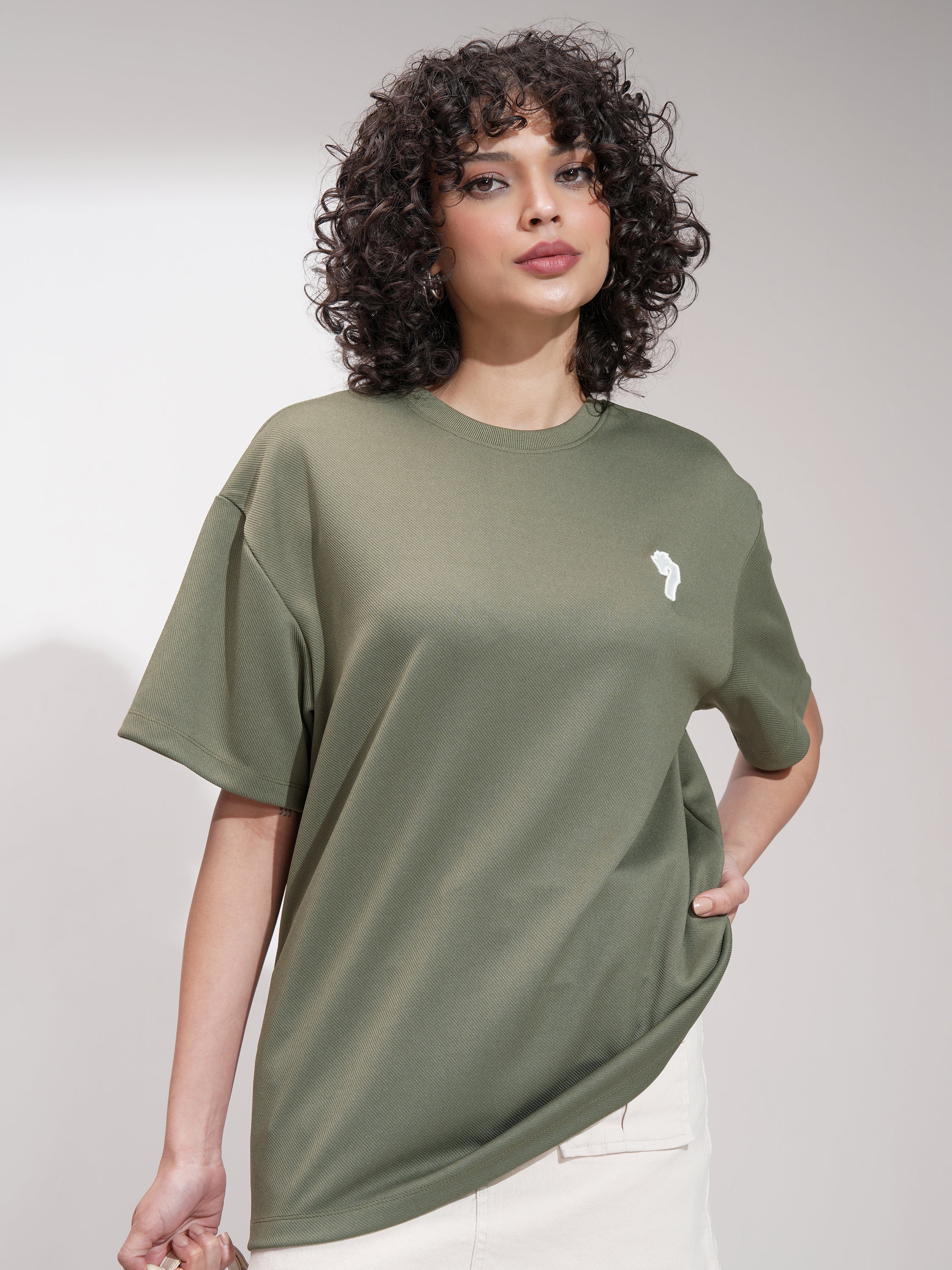Tokyo Talkies Women Olive Self Design Oversized Fit T-Shirt - Olive - Image 3