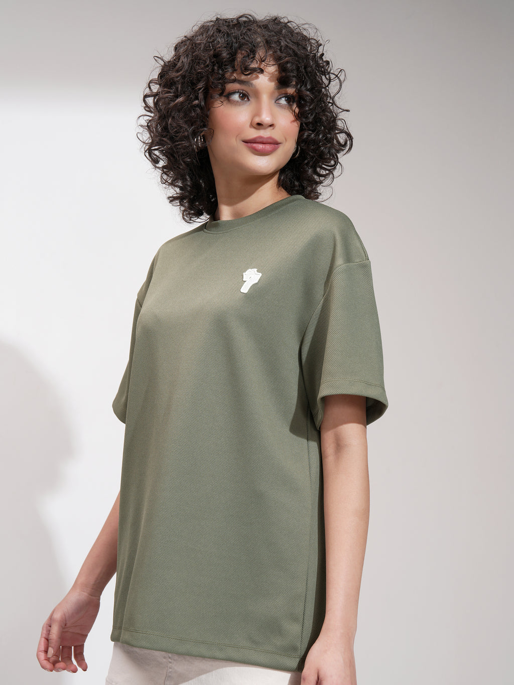 Tokyo Talkies Women Olive Self Design Oversized Fit T-Shirt - Olive - Image 4