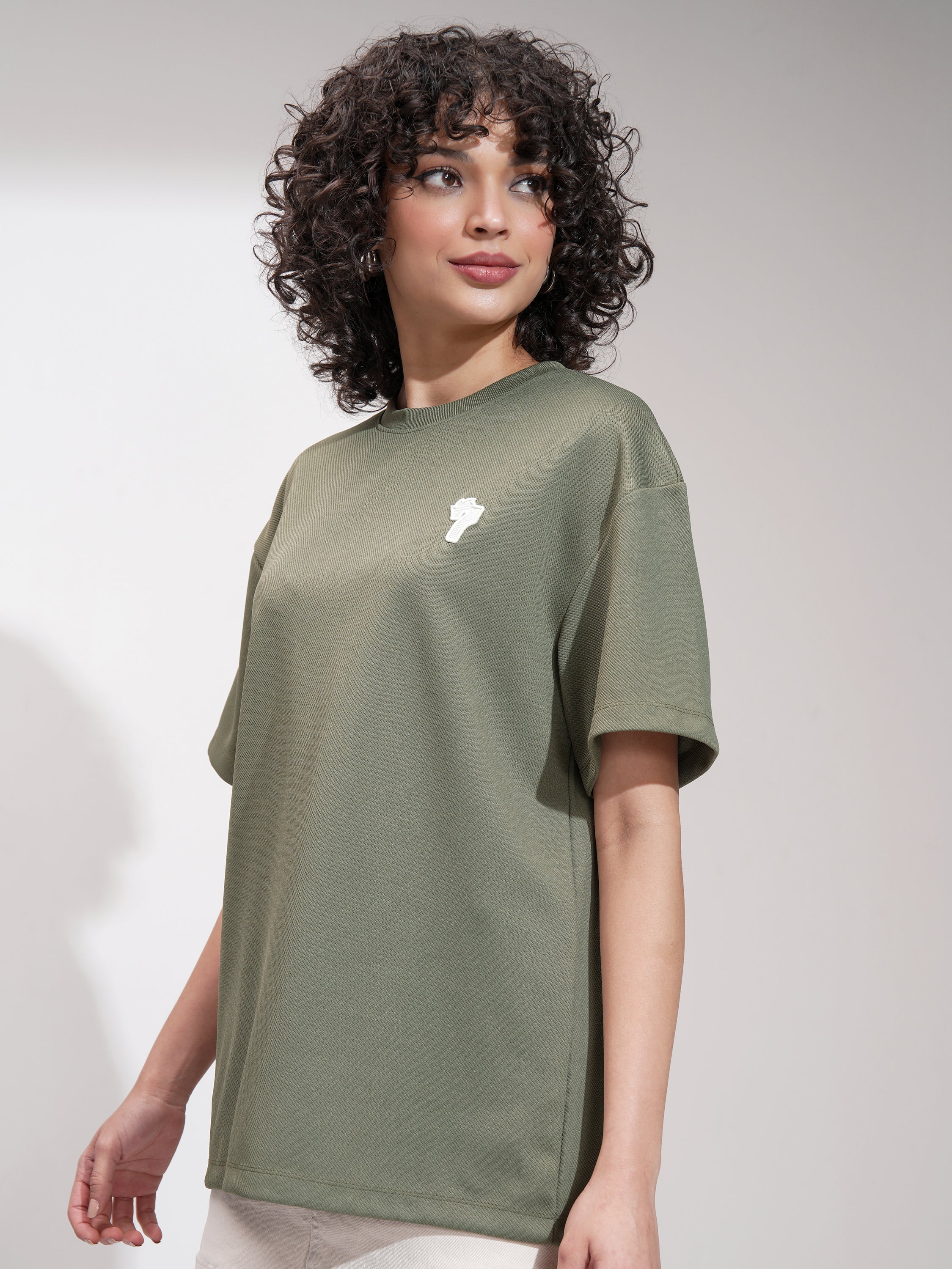 Tokyo Talkies Women Olive Self Design Oversized Fit T-Shirt - Olive - Image 4