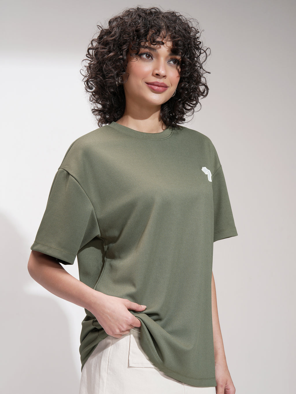 Tokyo Talkies Women Olive Self Design Oversized Fit T-Shirt - Olive - Image 6