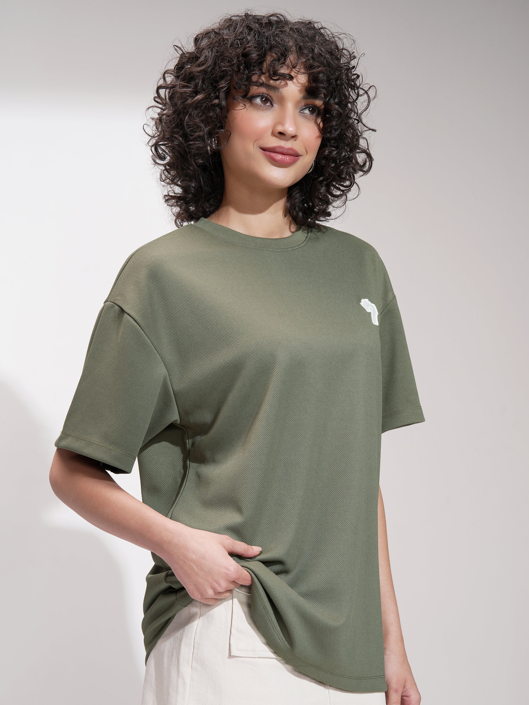 Tokyo Talkies Women Olive Self Design Oversized Fit T-Shirt - Olive - Image 6