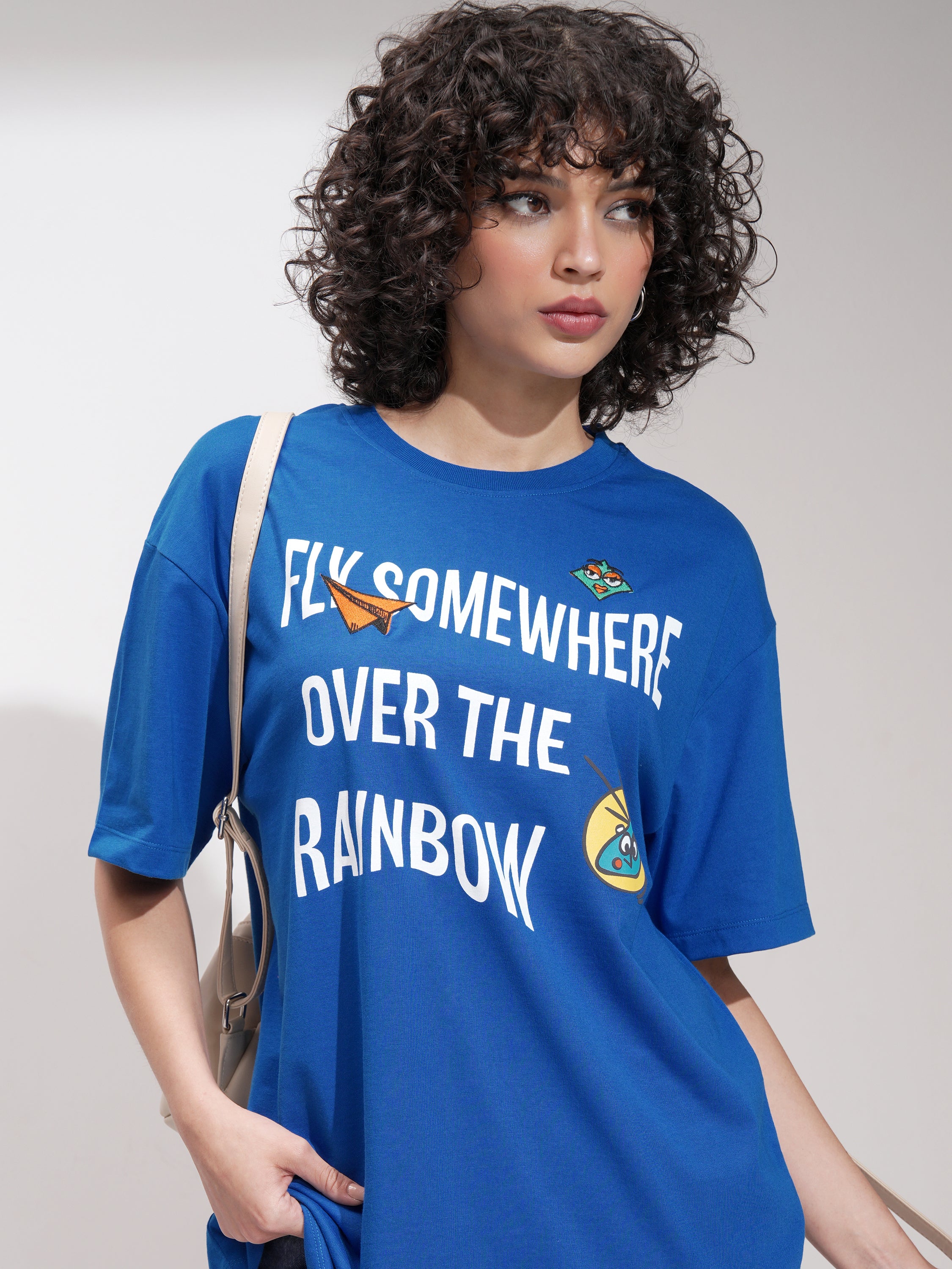 Tokyo Talkies Women Blue Printed Round Neck Oversized Fit T-Shirt - Blue - Image 1