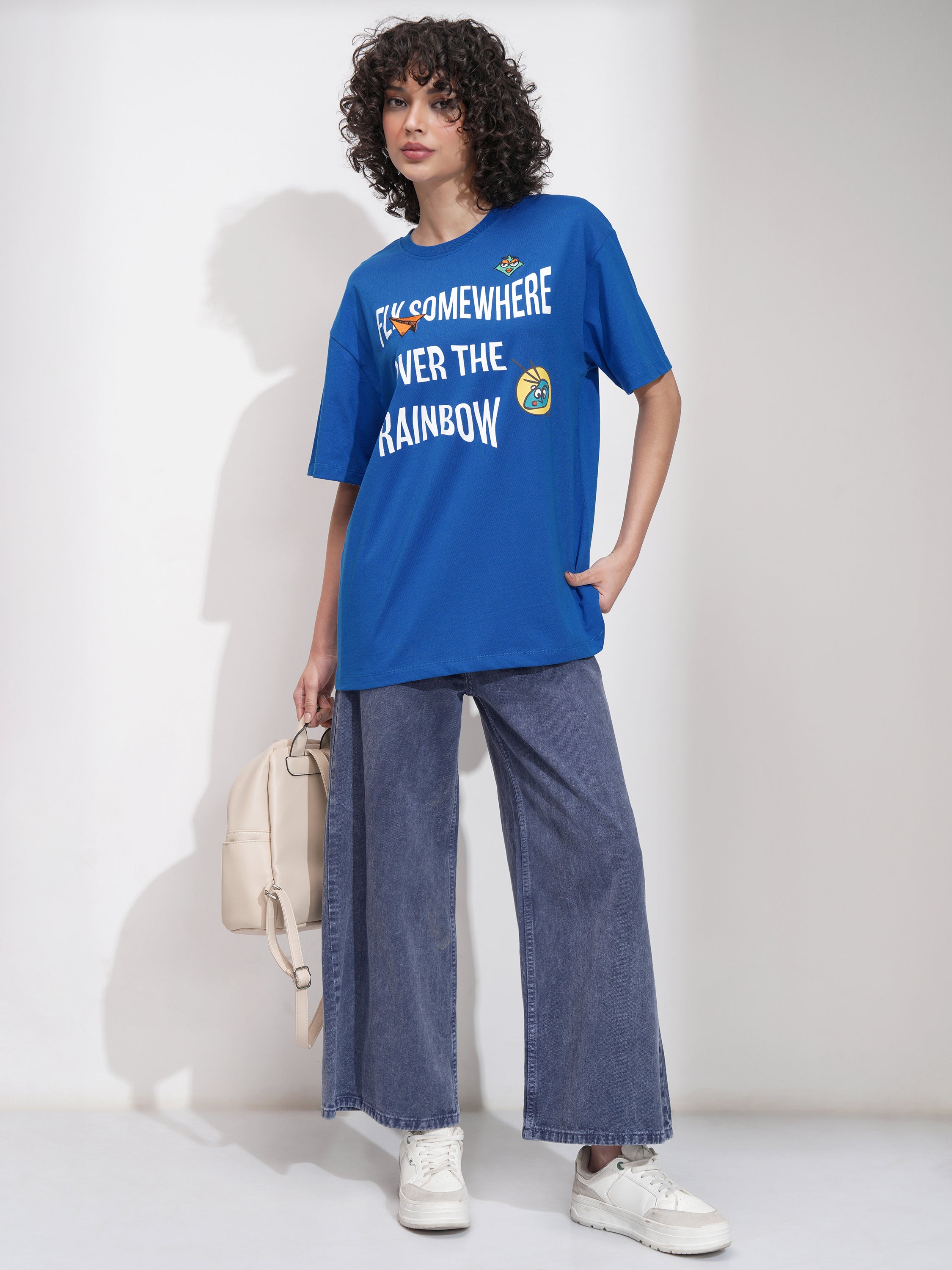 Tokyo Talkies Women Blue Printed Round Neck Oversized Fit T-Shirt - Blue - Image 2