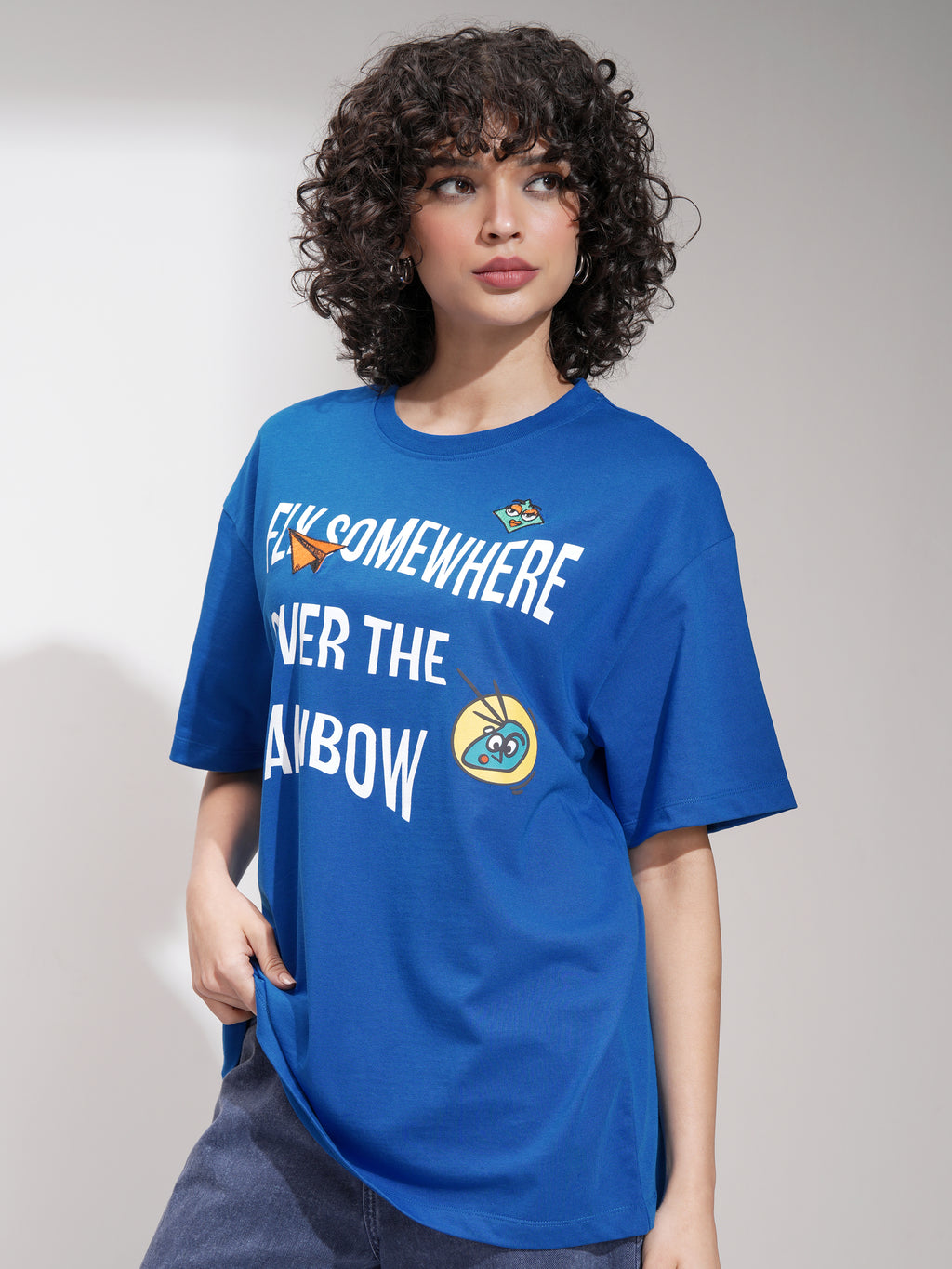 Tokyo Talkies Women Blue Printed Round Neck Oversized Fit T-Shirt - Blue - Image 4
