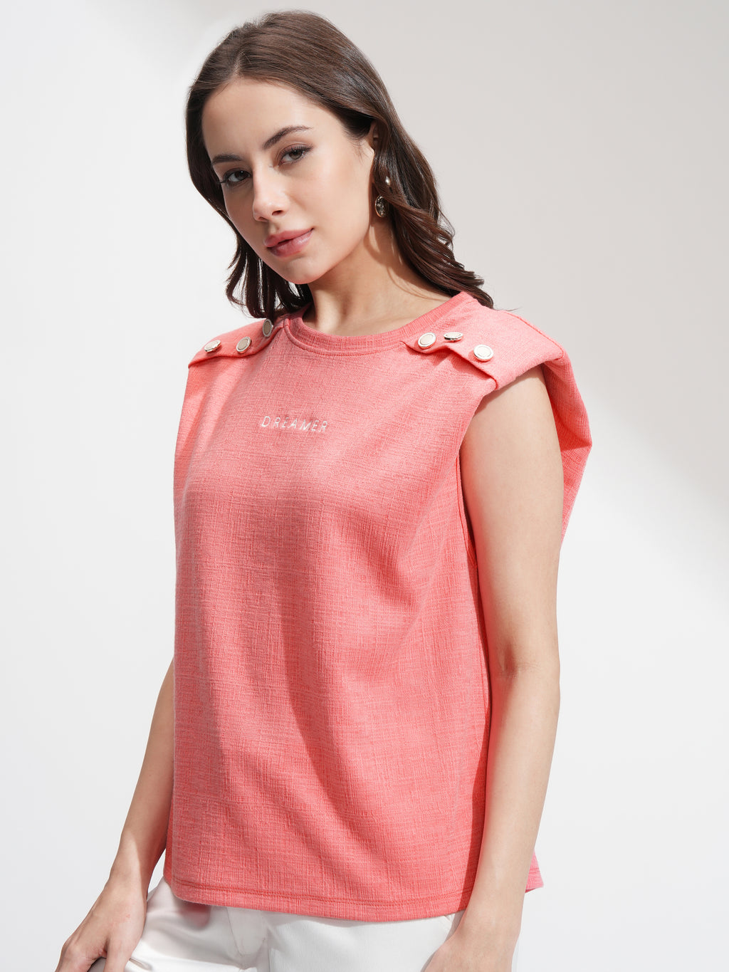 Tokyo Talkies Women Coral Printed Round Neck T-Shirt - Coral - Image 4