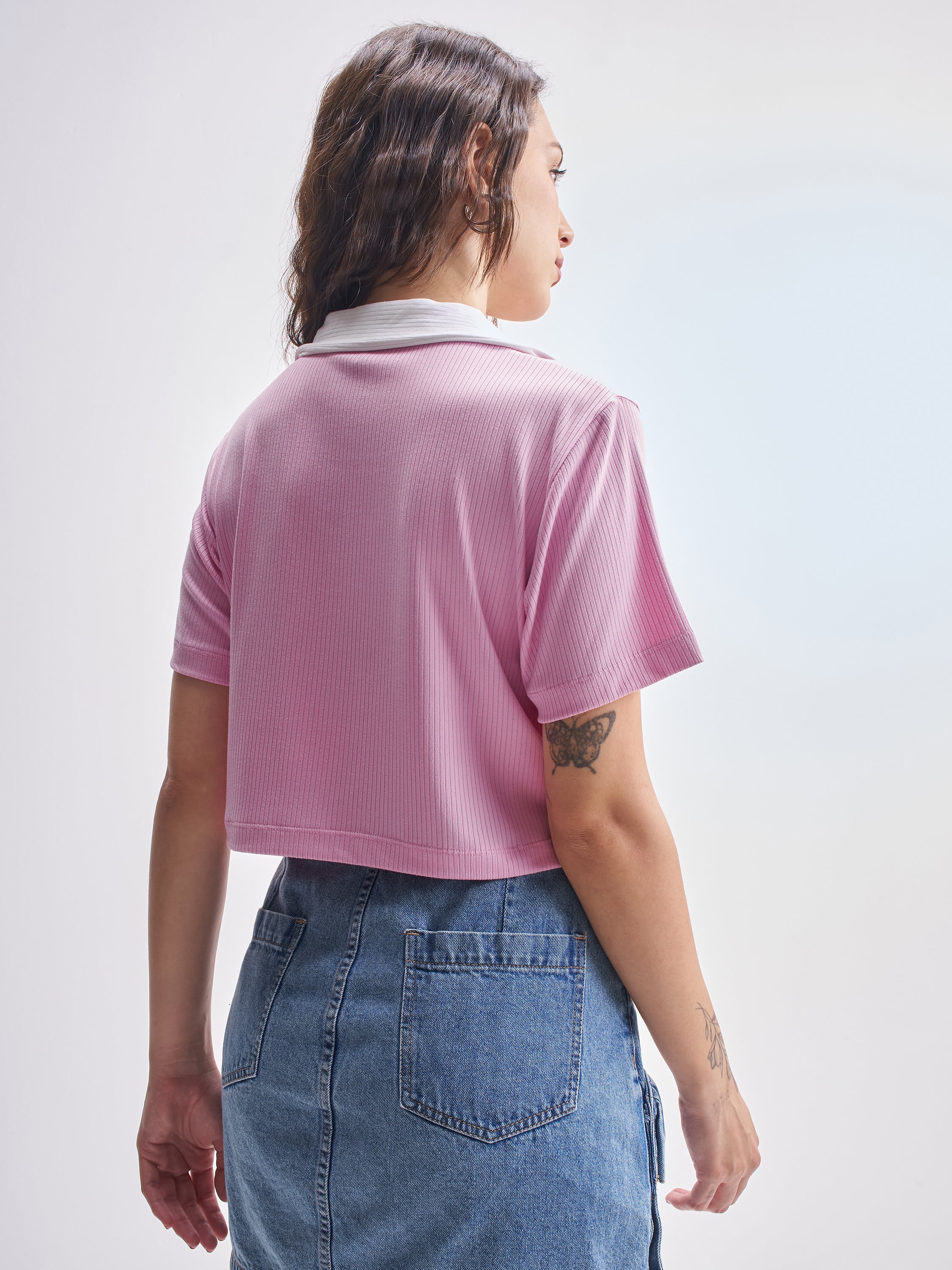 Tokyo Talkies Women Pink Solid Polo Collar T-Shirt - Pink - Image 3