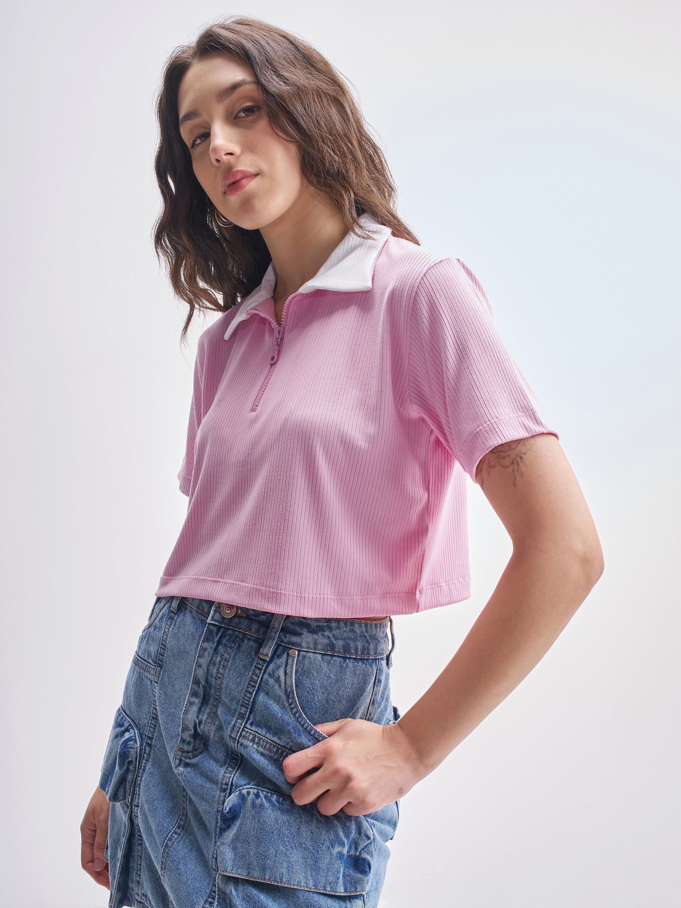 Tokyo Talkies Women Pink Solid Polo Collar T-Shirt - Pink - Image 4
