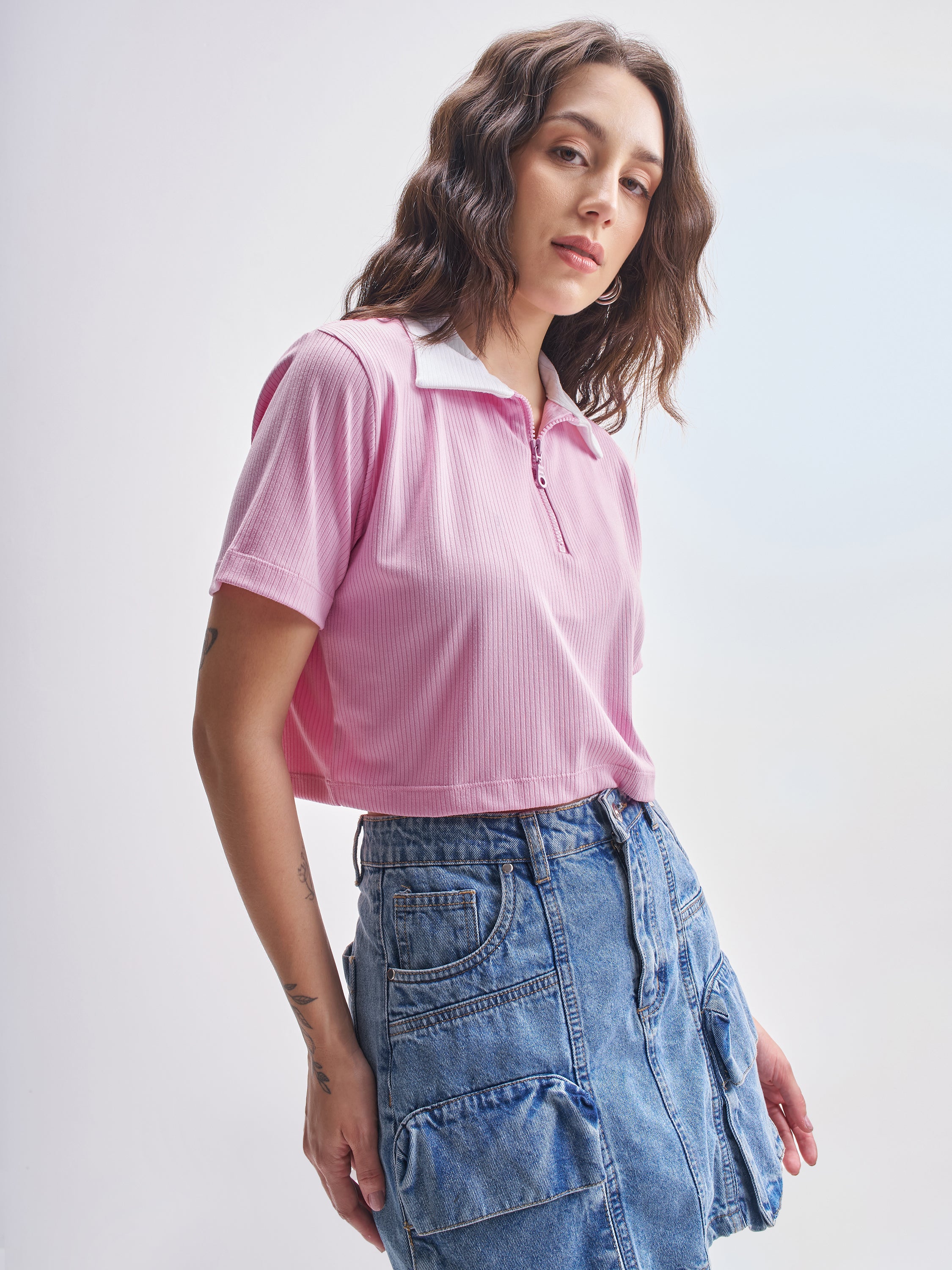 Tokyo Talkies Women Pink Solid Polo Collar T-Shirt - Pink - Image 6