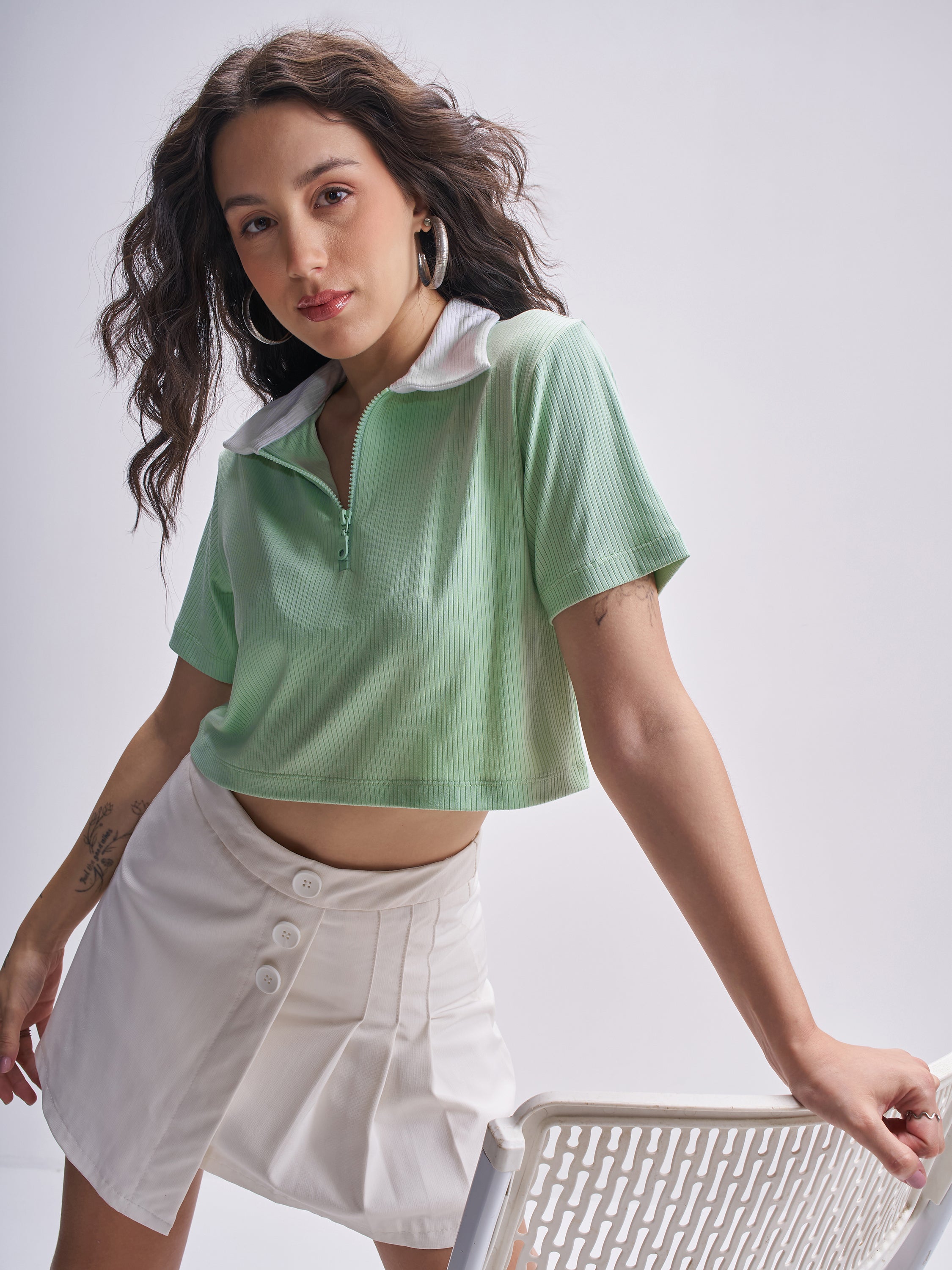 Tokyo Talkies Women Green Solid Polo Collar T-Shirt - Green - Image 1
