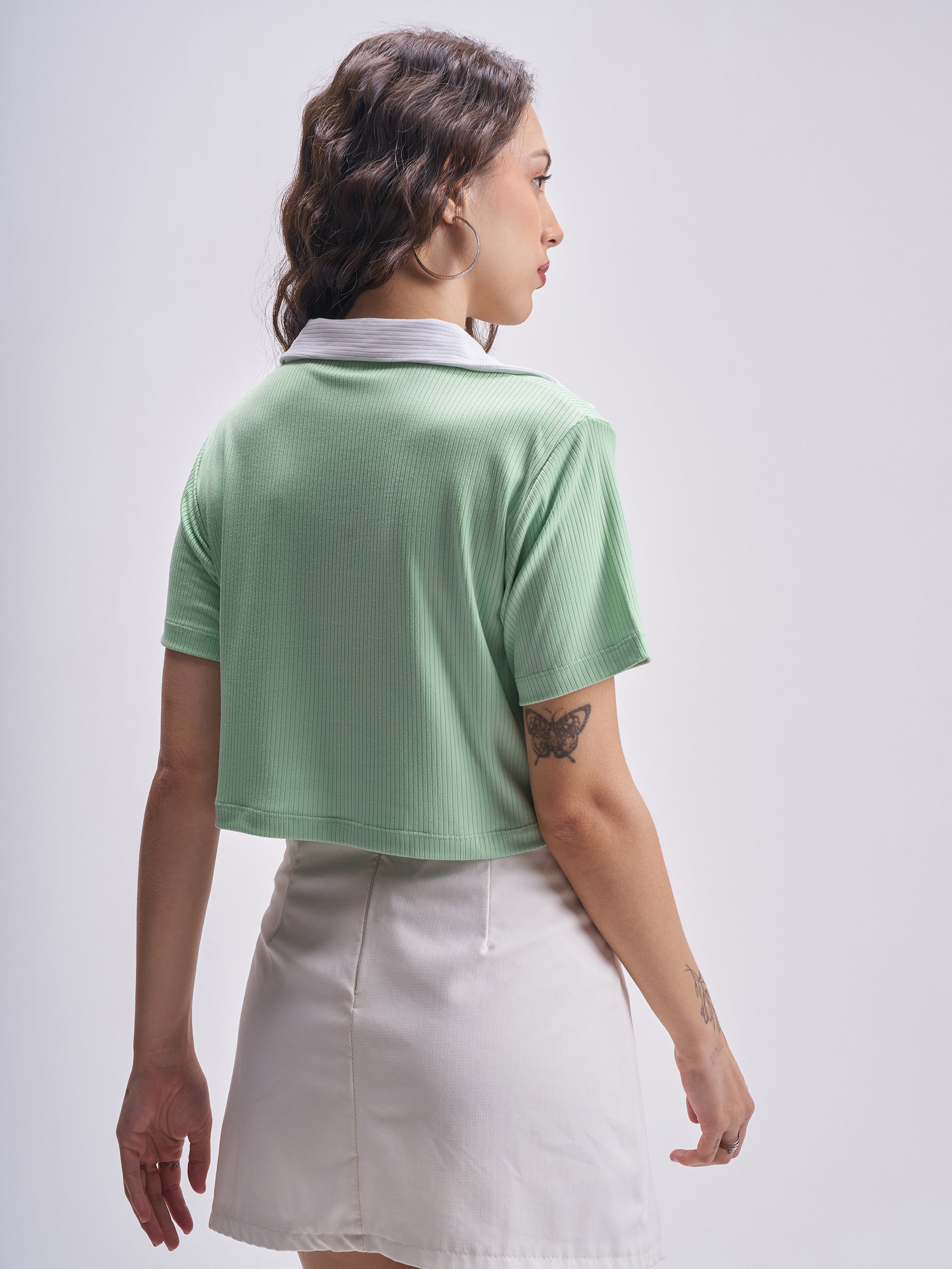 Tokyo Talkies Women Green Solid Polo Collar T-Shirt - Green - Image 3