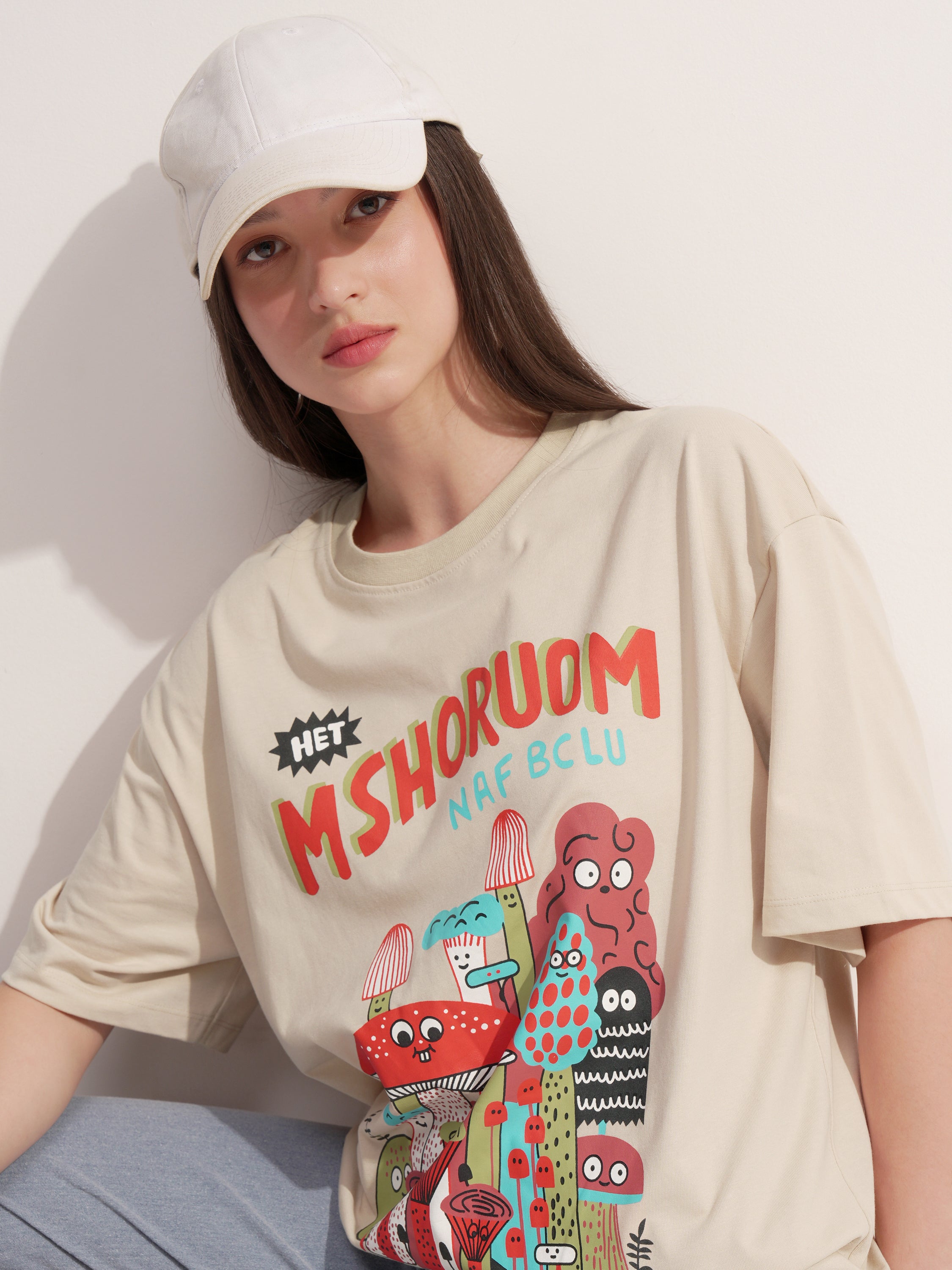 Tokyo Talkies Women Beige Printed Round Neck Oversized Fit T-Shirt - Beige - Image 1