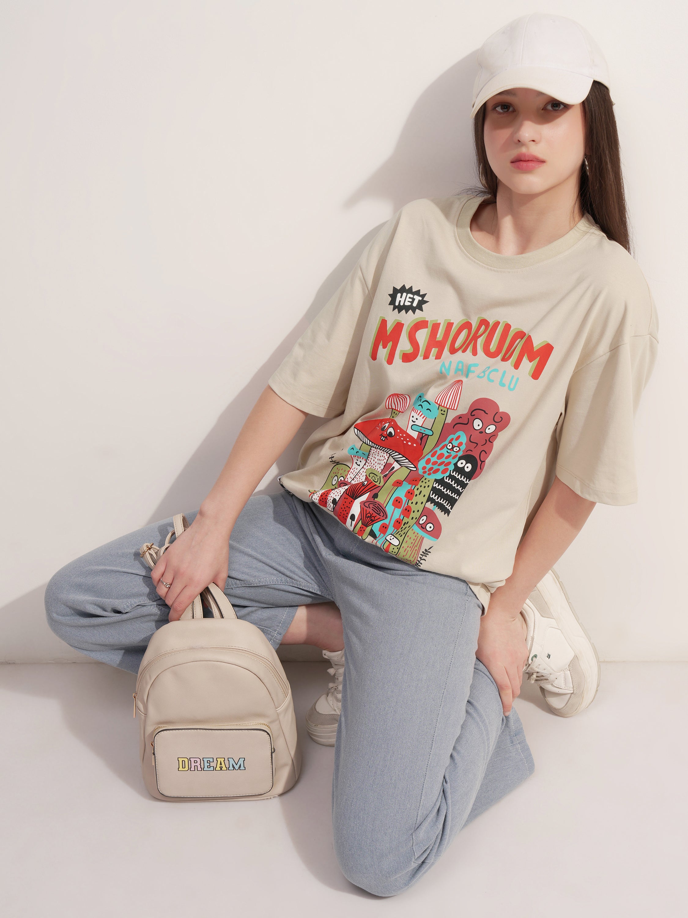 Tokyo Talkies Women Beige Printed Round Neck Oversized Fit T-Shirt - Beige - Image 2