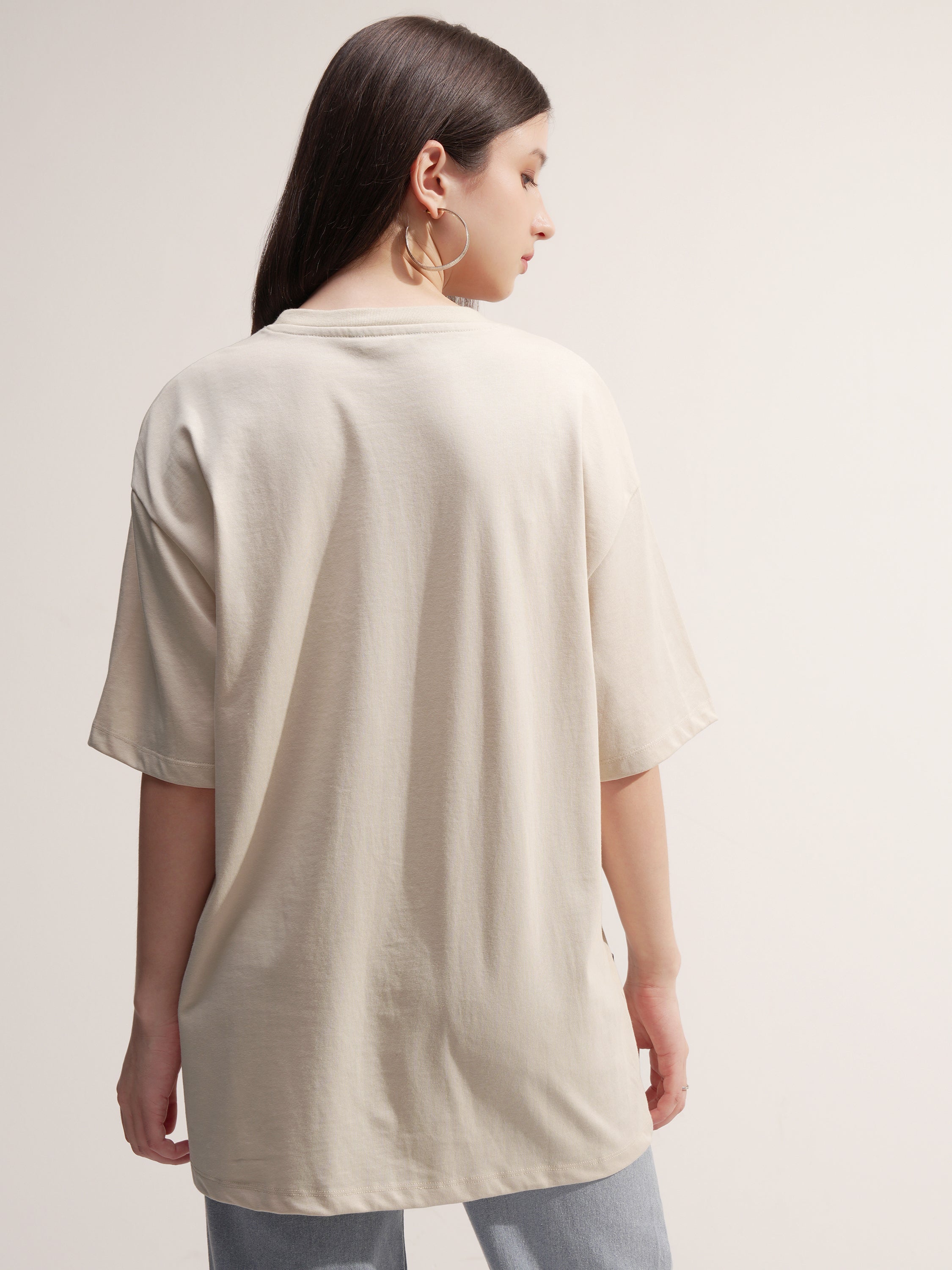 Tokyo Talkies Women Beige Printed Round Neck Oversized Fit T-Shirt - Beige - Image 3