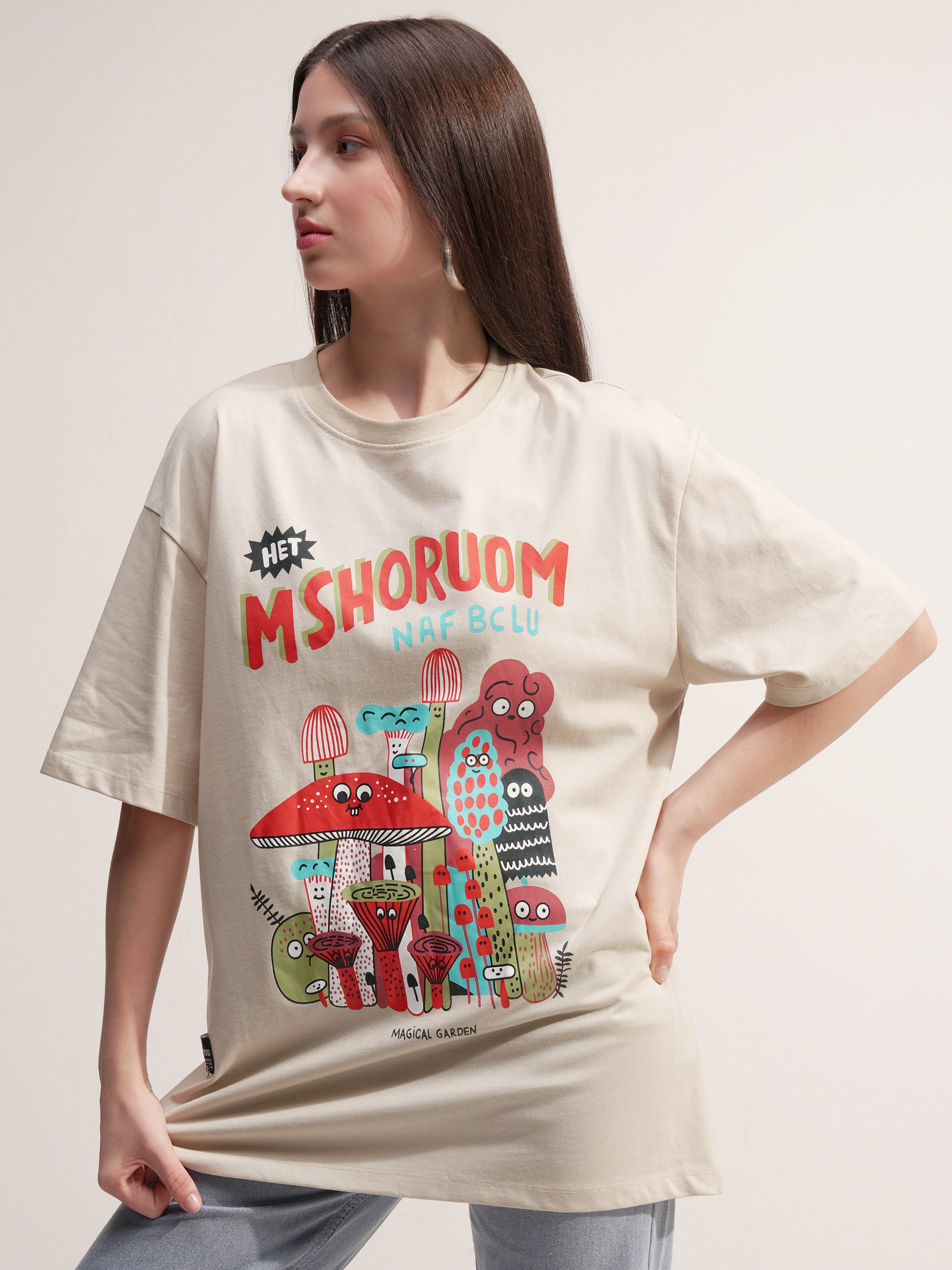Tokyo Talkies Women Beige Printed Round Neck Oversized Fit T-Shirt - Beige - Image 4