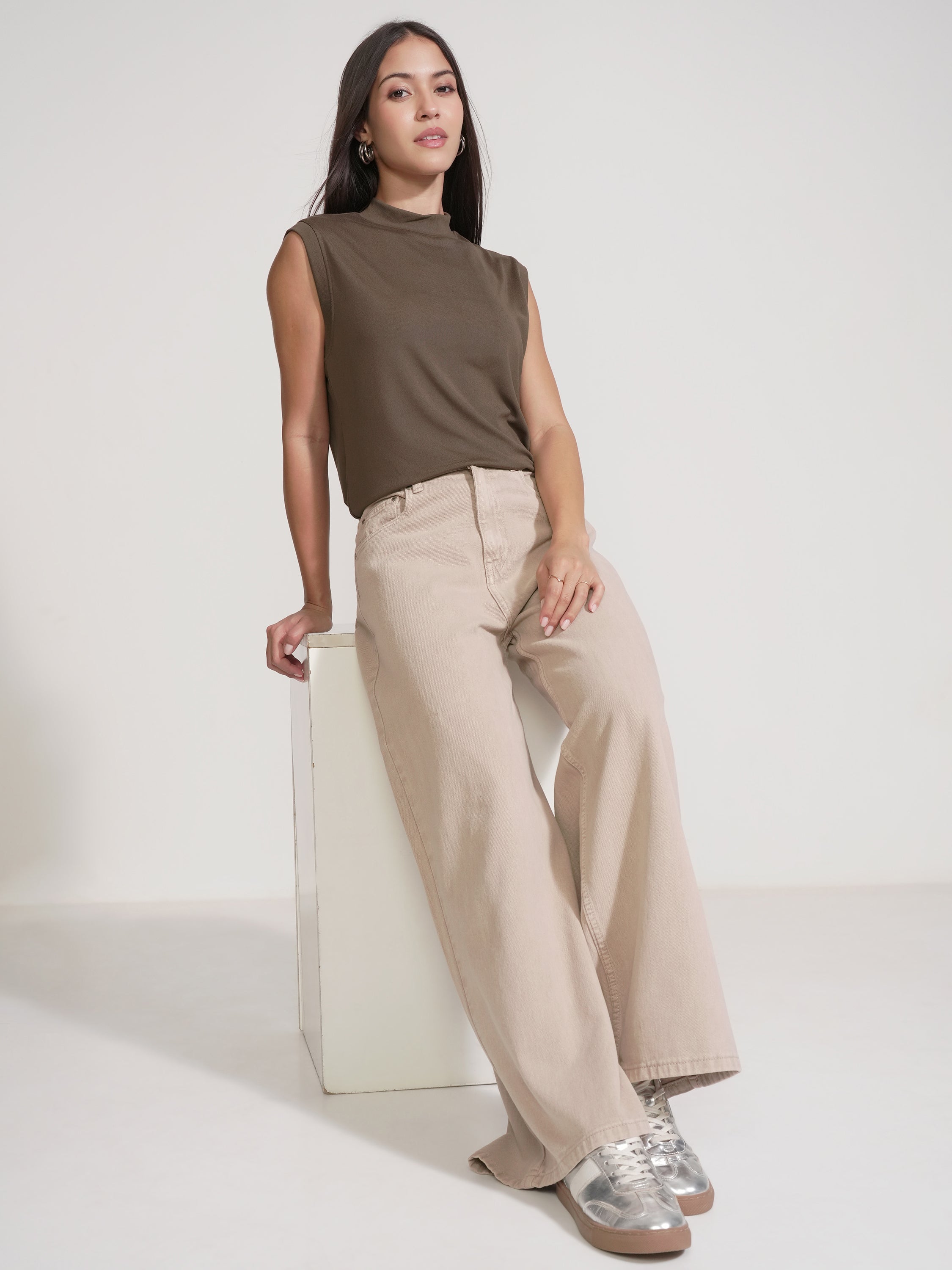 Tokyo Talkies Women Brown Solid High Neck T-Shirt - Brown - Image 2