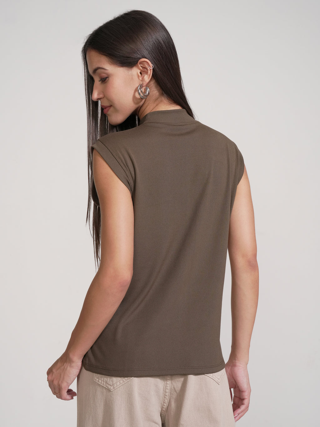 Tokyo Talkies Women Brown Solid High Neck T-Shirt - Brown - Image 3
