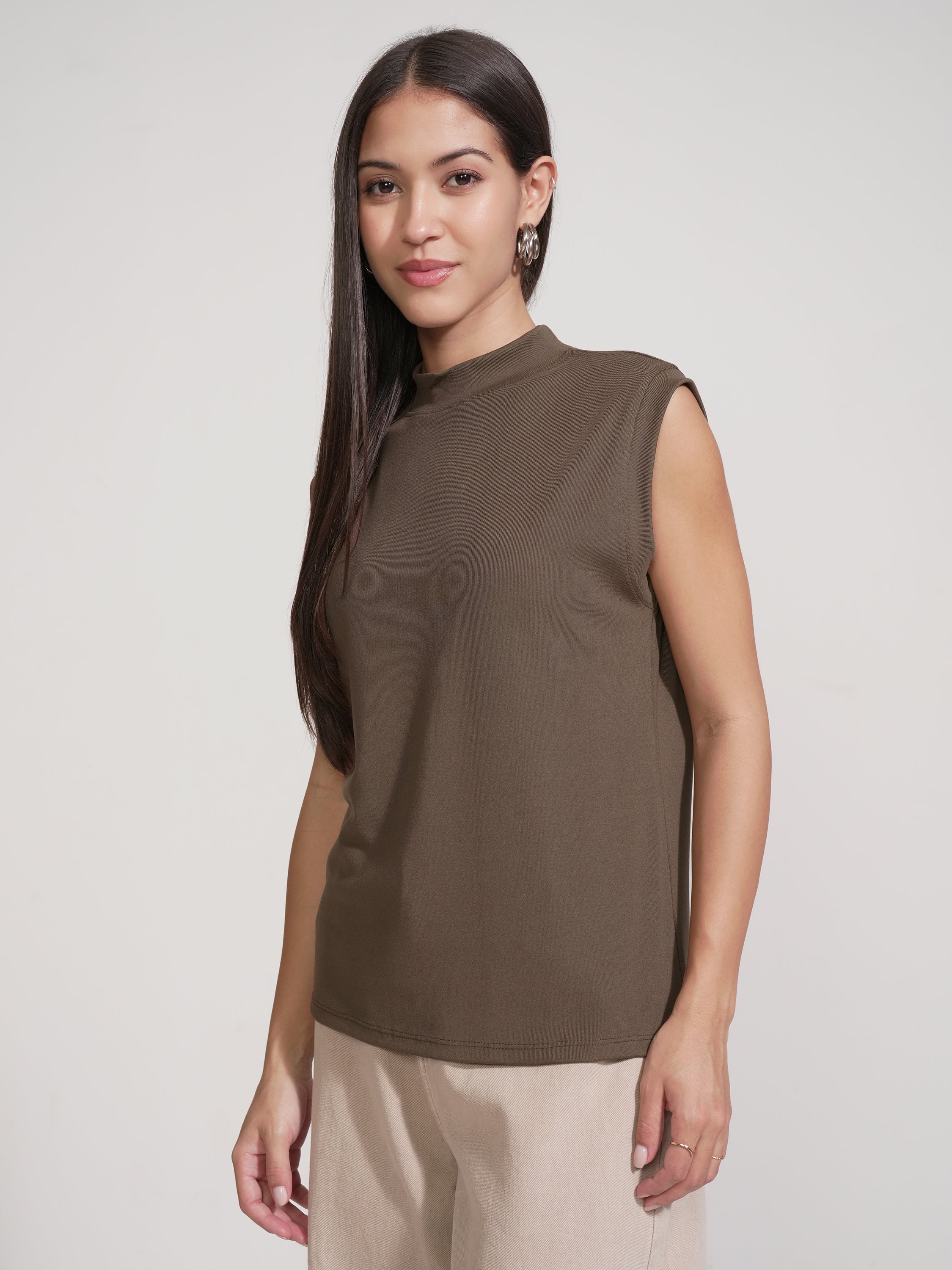 Tokyo Talkies Women Brown Solid High Neck T-Shirt - Brown - Image 4