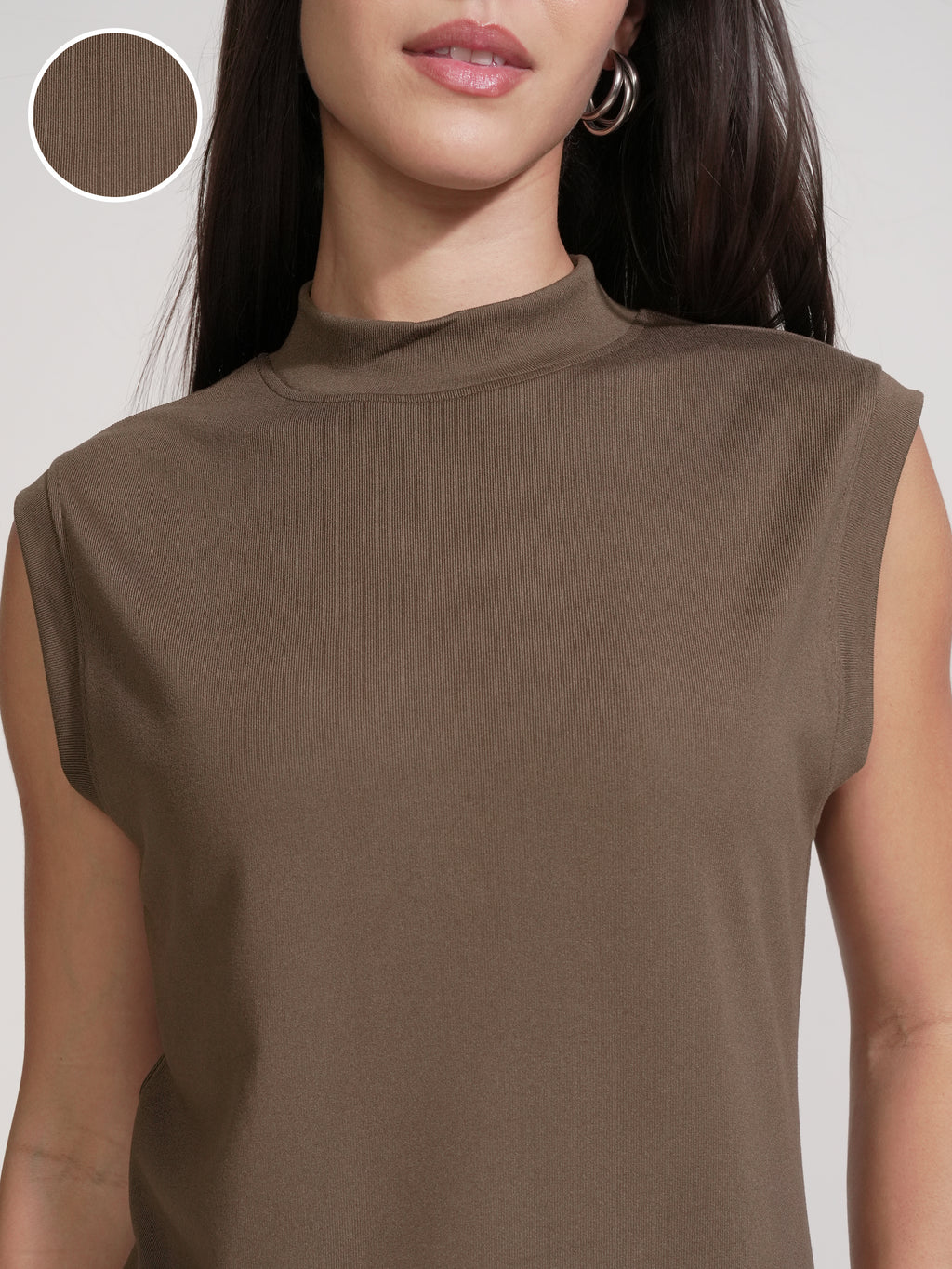 Tokyo Talkies Women Brown Solid High Neck T-Shirt - Brown - Image 5