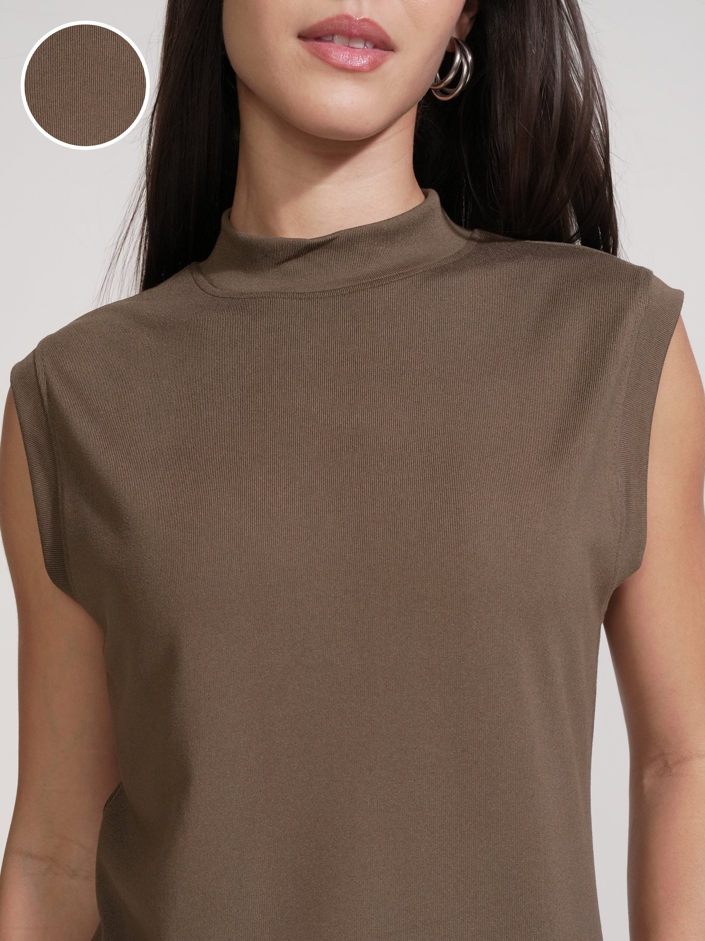 Tokyo Talkies Women Brown Solid High Neck T-Shirt - Brown - Image 5