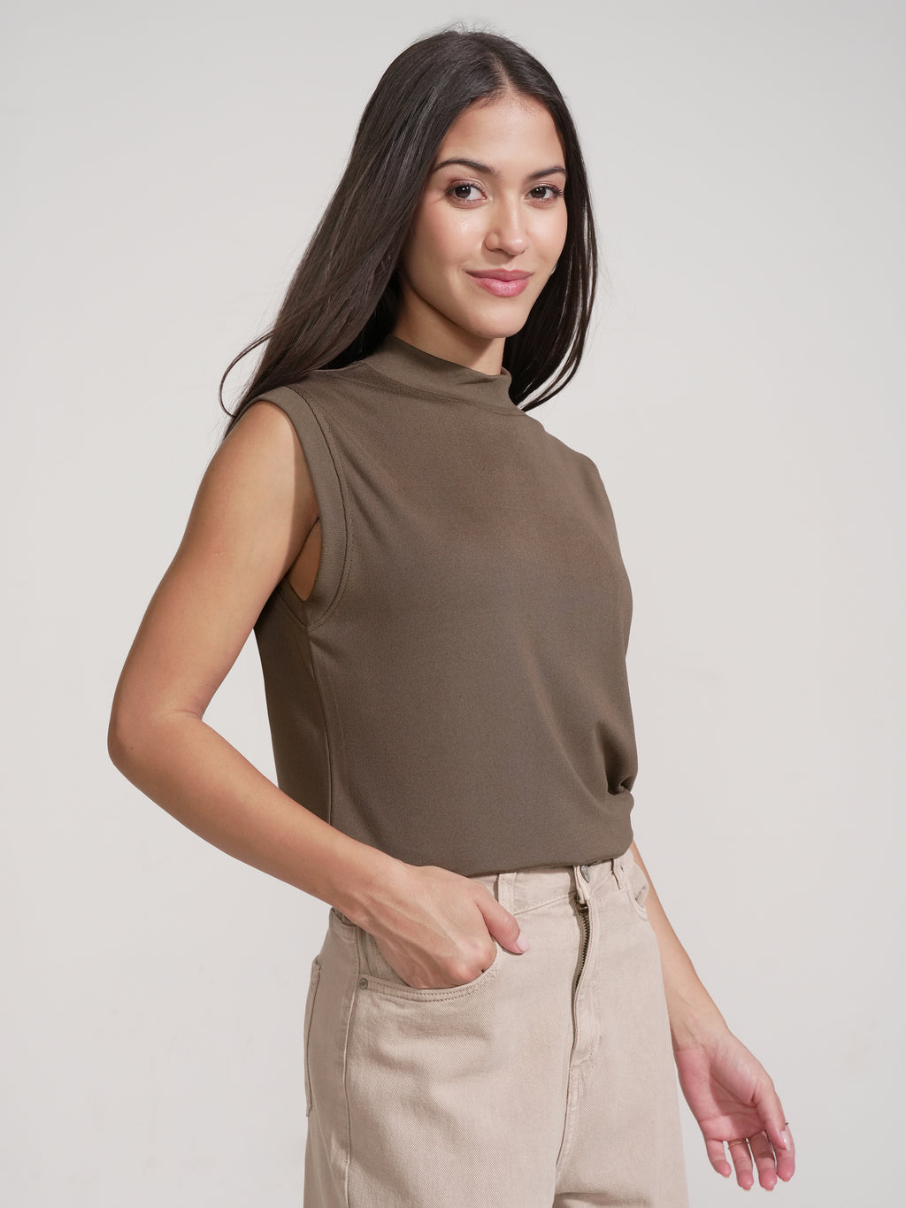 Tokyo Talkies Women Brown Solid High Neck T-Shirt - Brown - Image 6