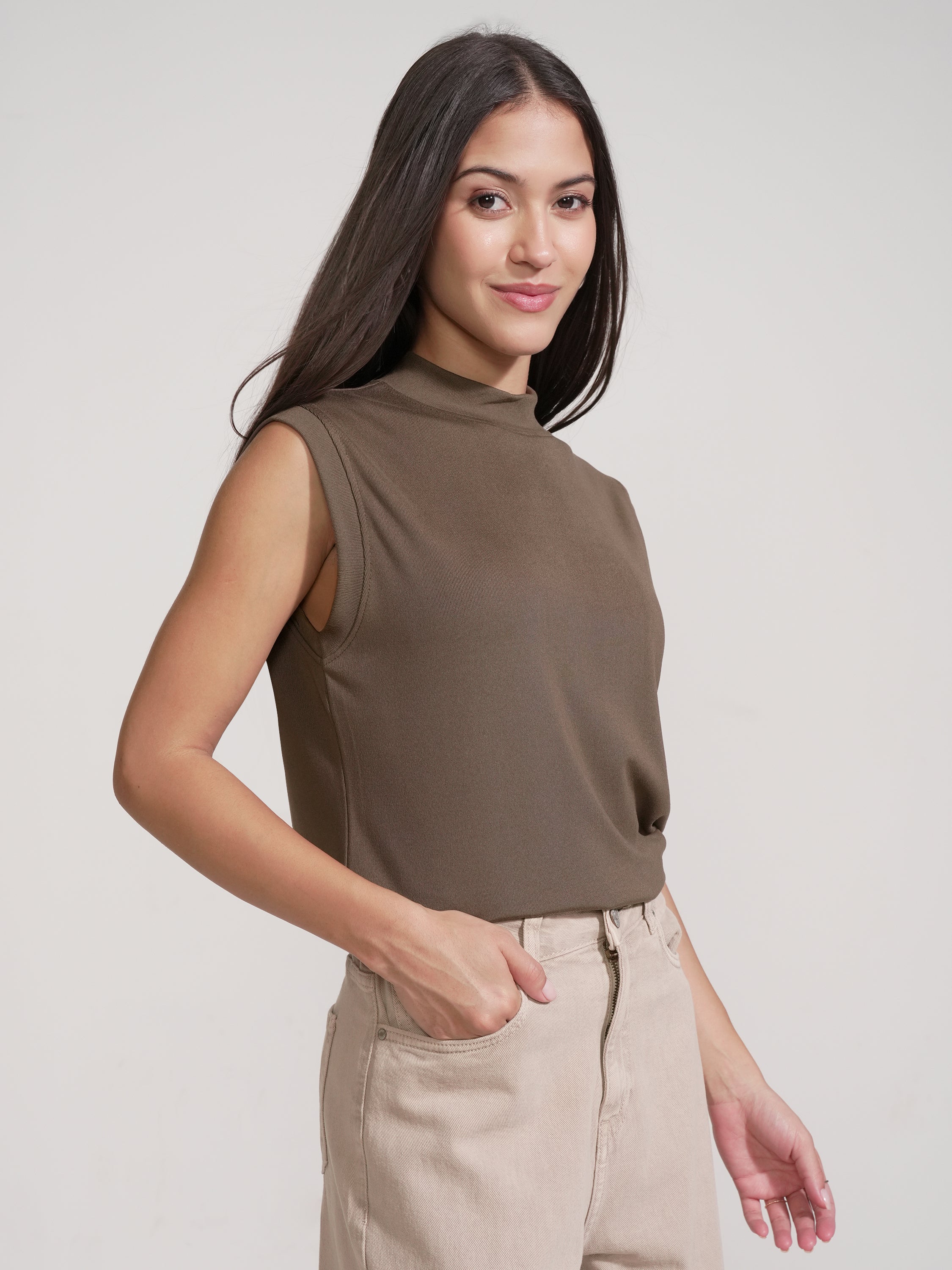 Tokyo Talkies Women Brown Solid High Neck T-Shirt - Brown - Image 6