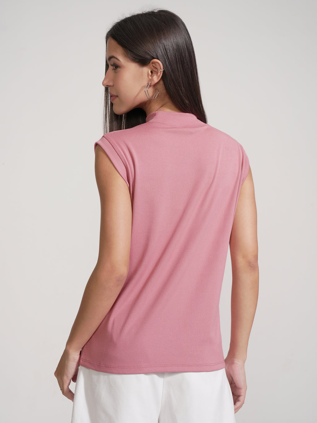 Tokyo Talkies Women Pink Solid High Neck T-Shirt - Pink - Image 3