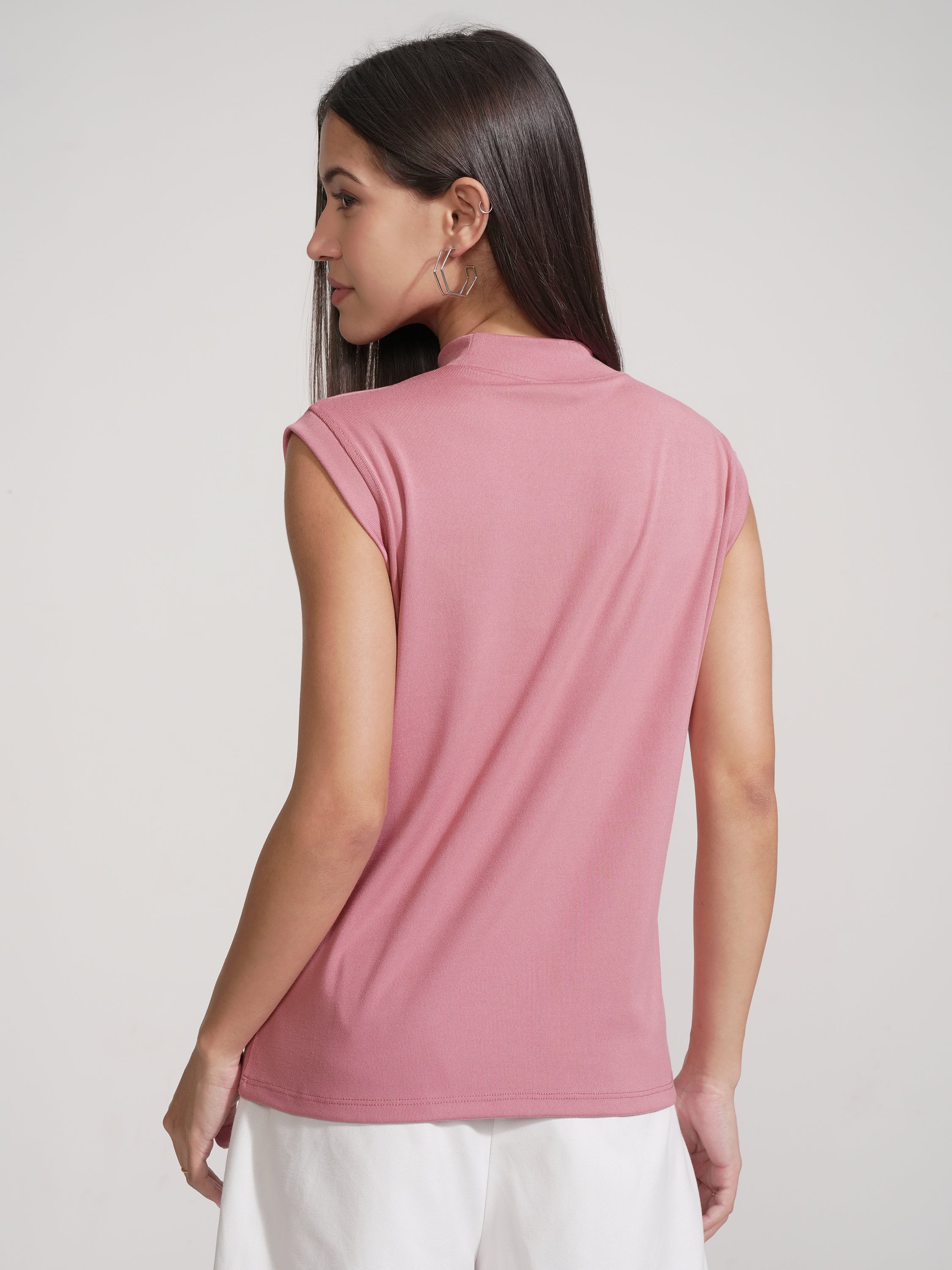 Tokyo Talkies Women Pink Solid High Neck T-Shirt - Pink - Image 3