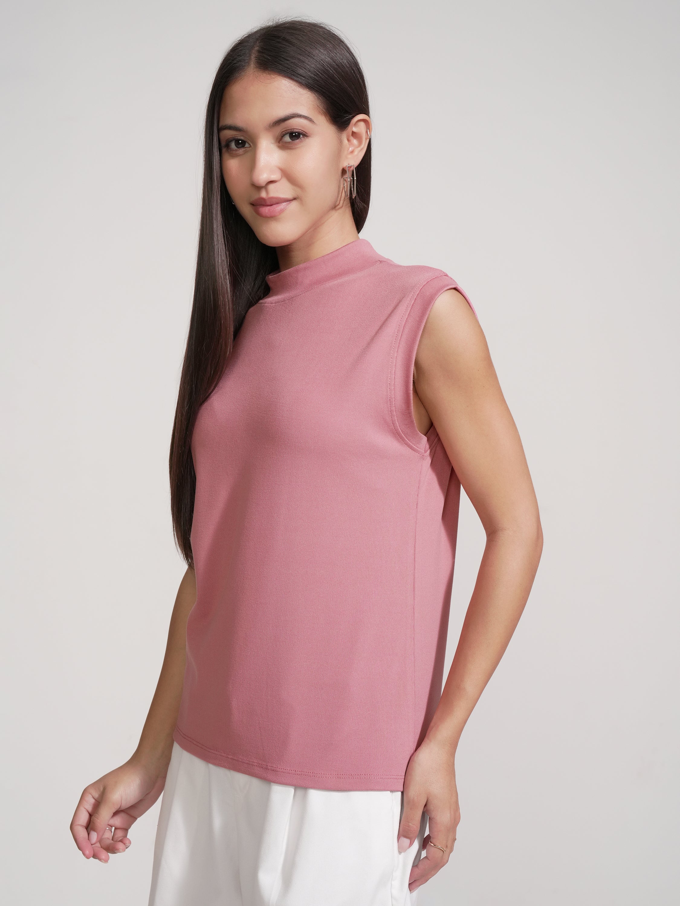 Tokyo Talkies Women Pink Solid High Neck T-Shirt - Pink - Image 4