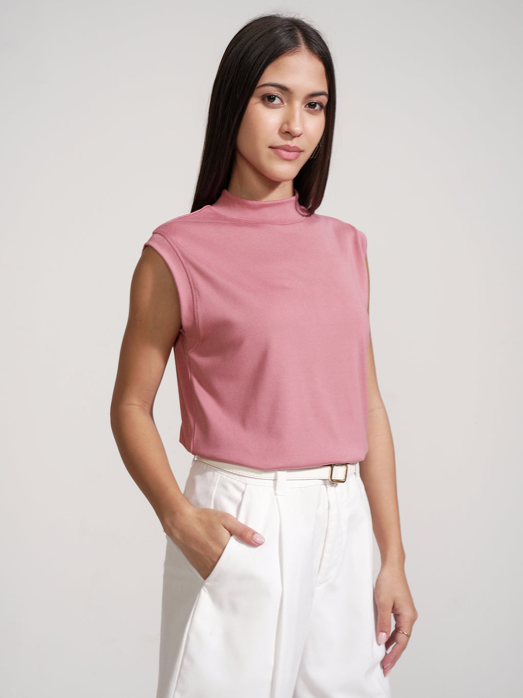 Tokyo Talkies Women Pink Solid High Neck T-Shirt - Pink - Image 6
