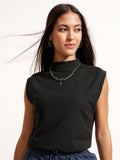 Tokyo Talkies Women Black Solid High Neck T-Shirt - Black - Image 1