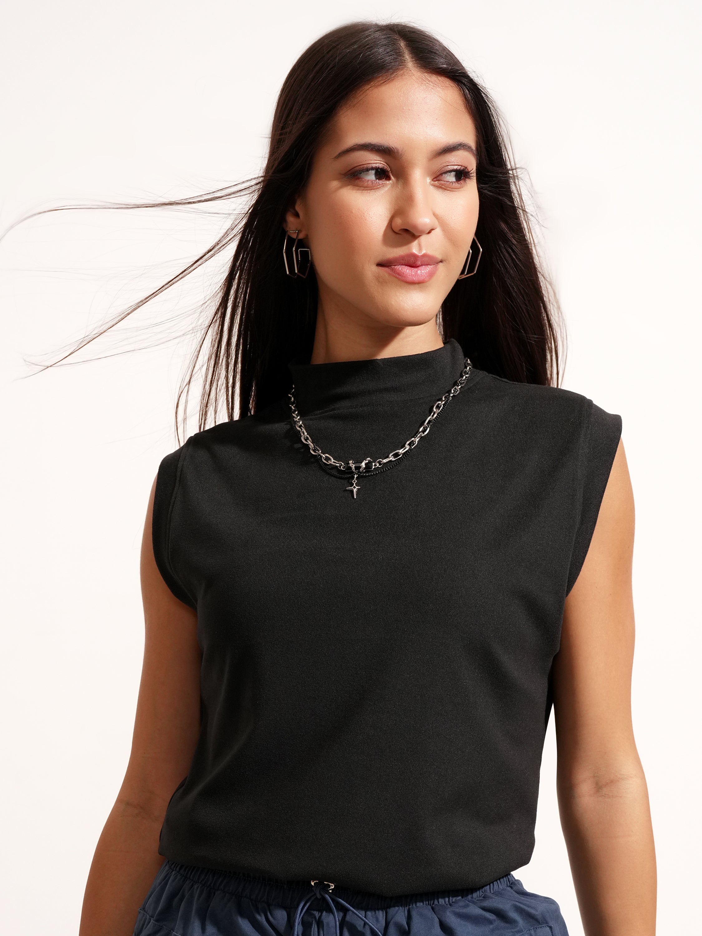 Tokyo Talkies Women Black Solid High Neck T-Shirt - Black - Image 1