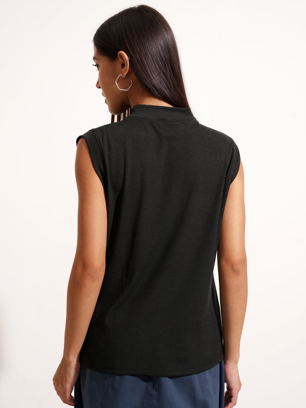 Tokyo Talkies Women Black Solid High Neck T-Shirt - Black - Image 3