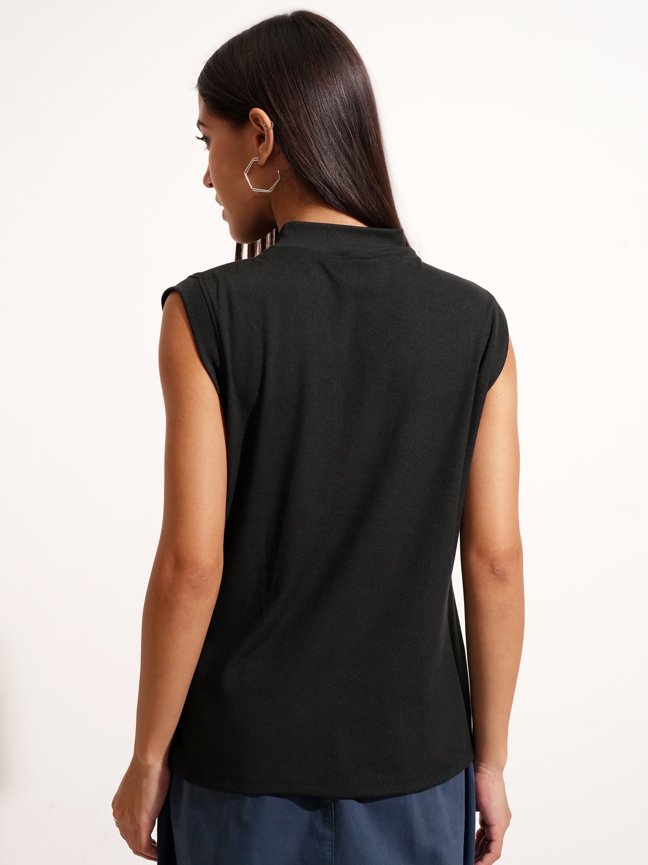 Tokyo Talkies Women Black Solid High Neck T-Shirt - Black - Image 3