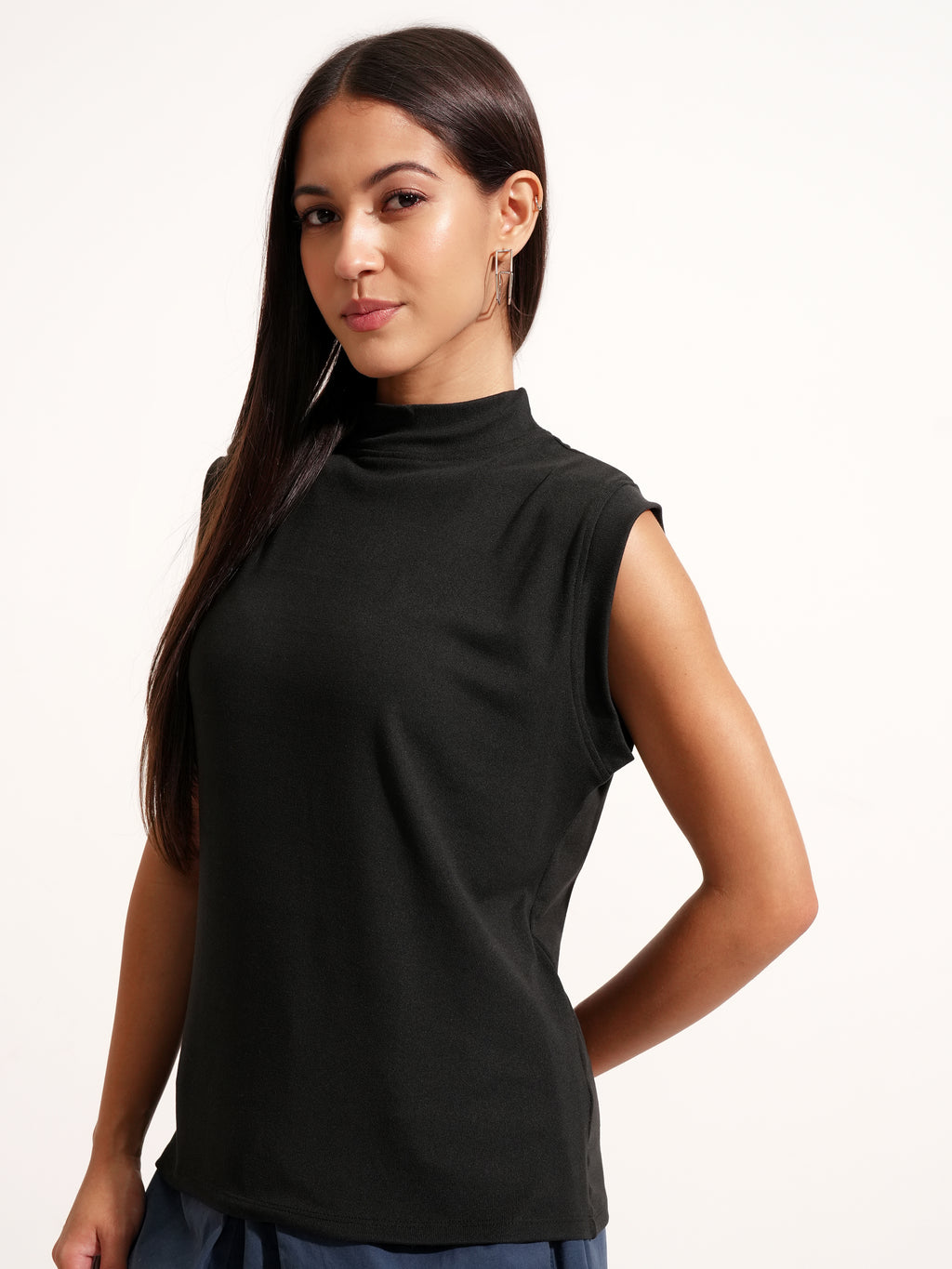 Tokyo Talkies Women Black Solid High Neck T-Shirt - Black - Image 4