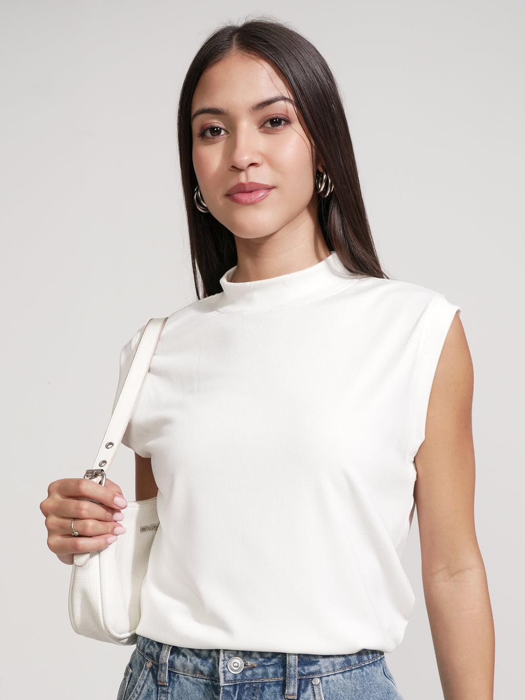 Tokyo Talkies Women White Solid High Neck T-Shirt - White - Image 1