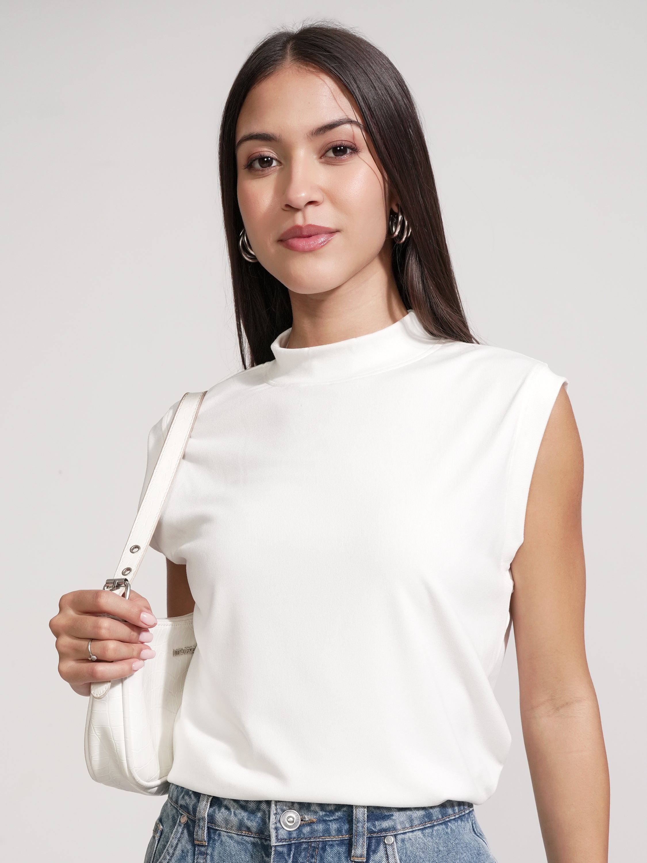 Tokyo Talkies Women White Solid High Neck T-Shirt - White - Image 1