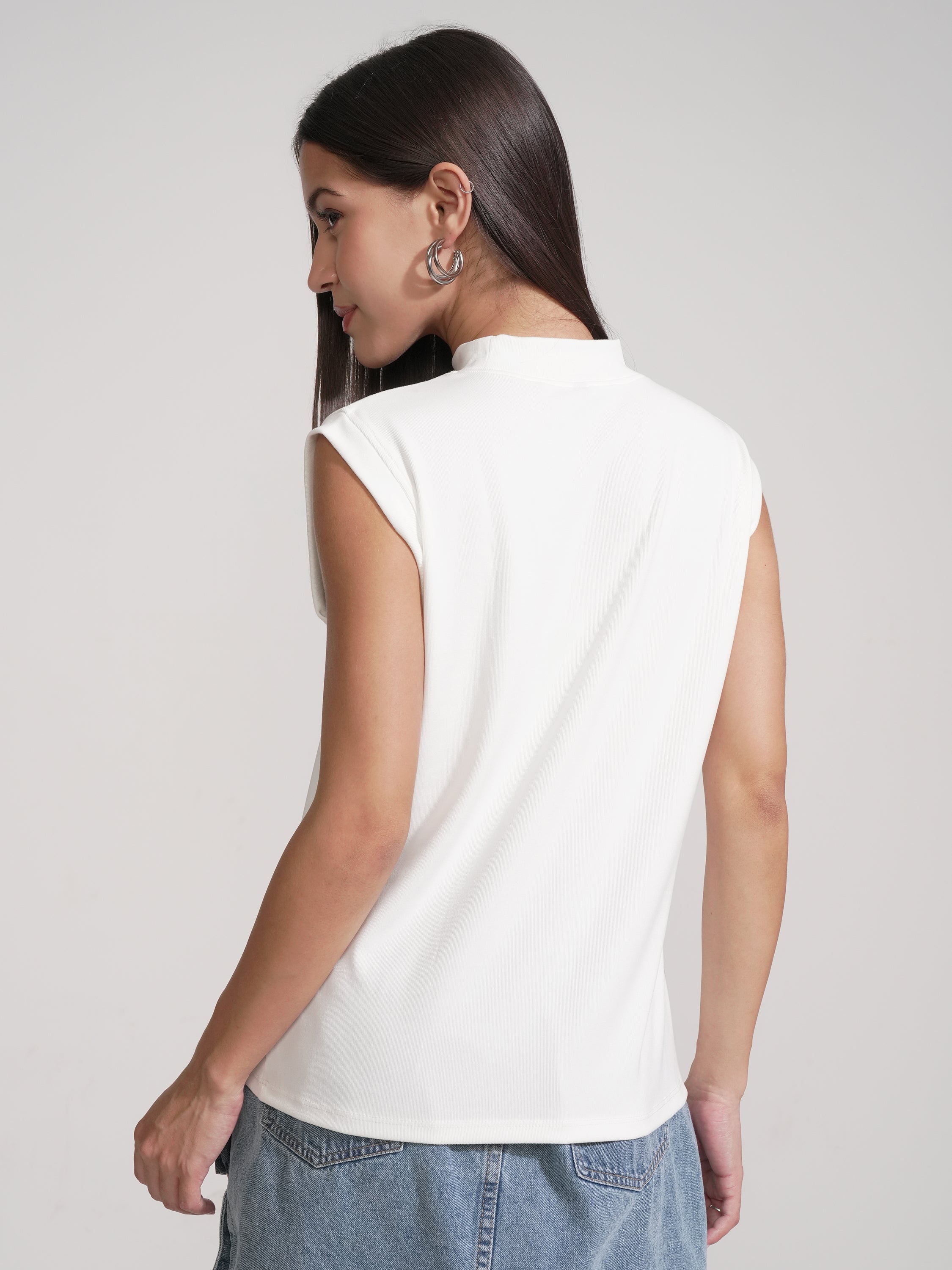Tokyo Talkies Women White Solid High Neck T-Shirt - White - Image 3