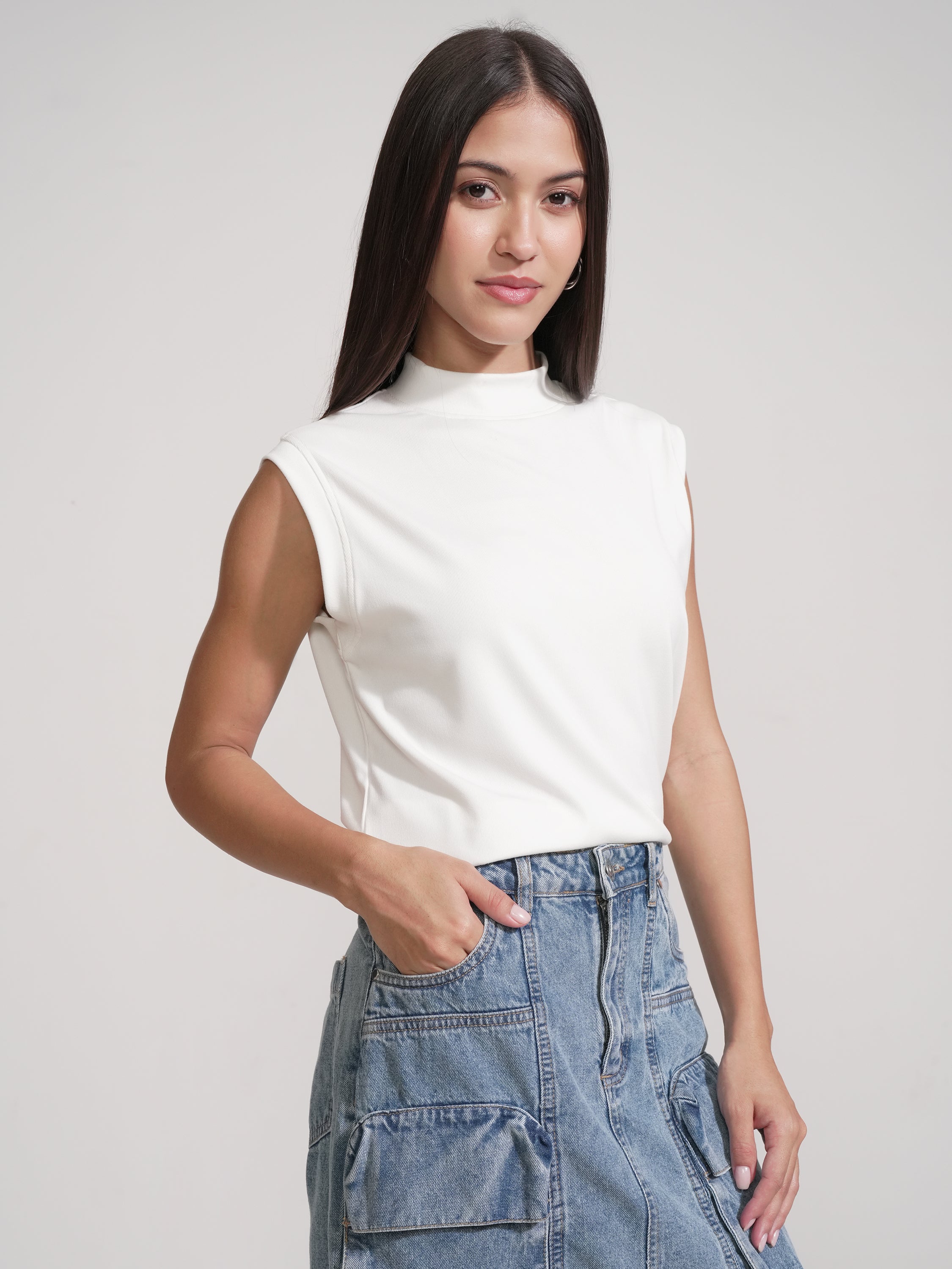 Tokyo Talkies Women White Solid High Neck T-Shirt - White - Image 6