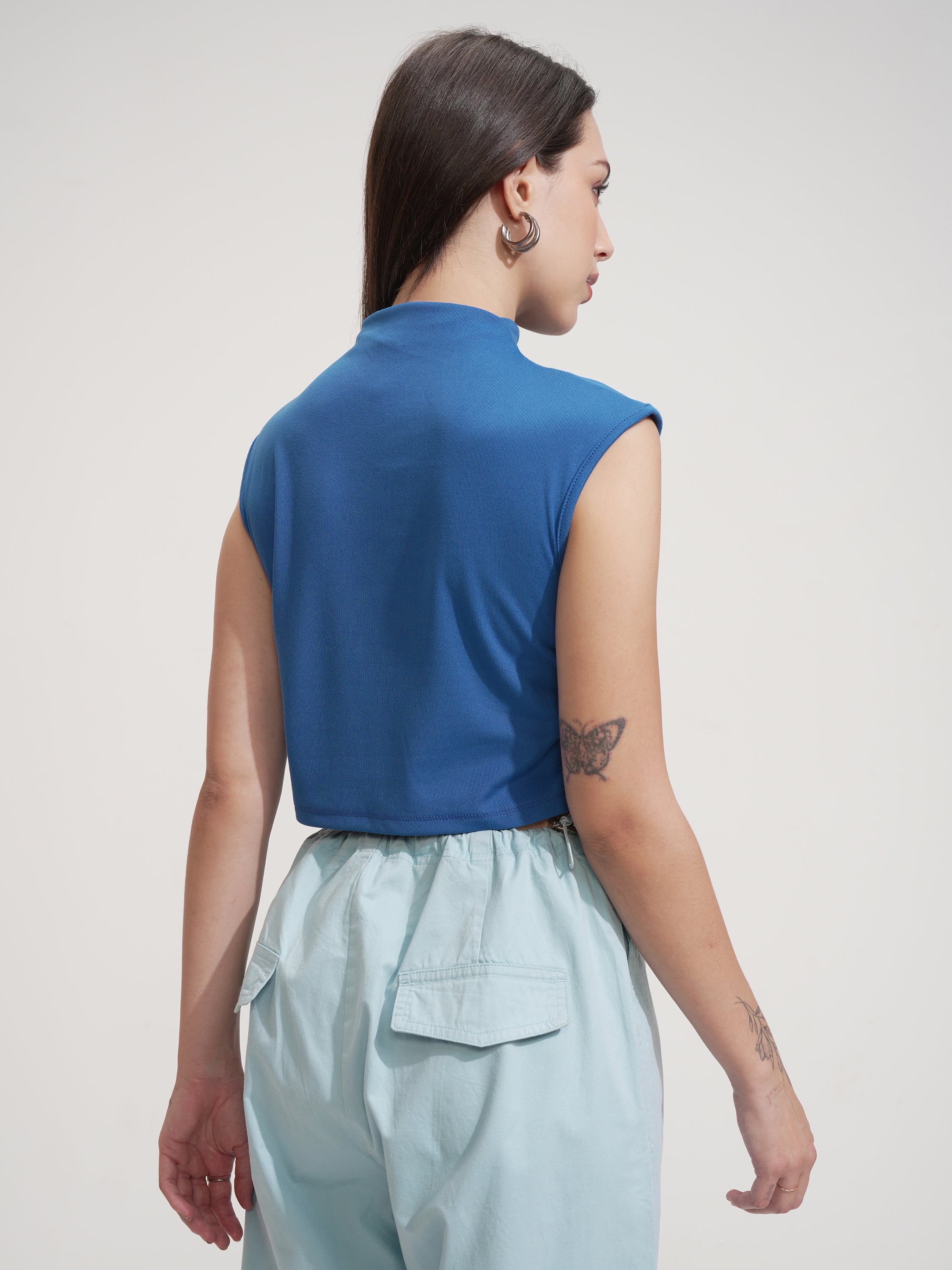 Tokyo Talkies Women Blue Solid Round Neck T-Shirt - Blue - Image 3