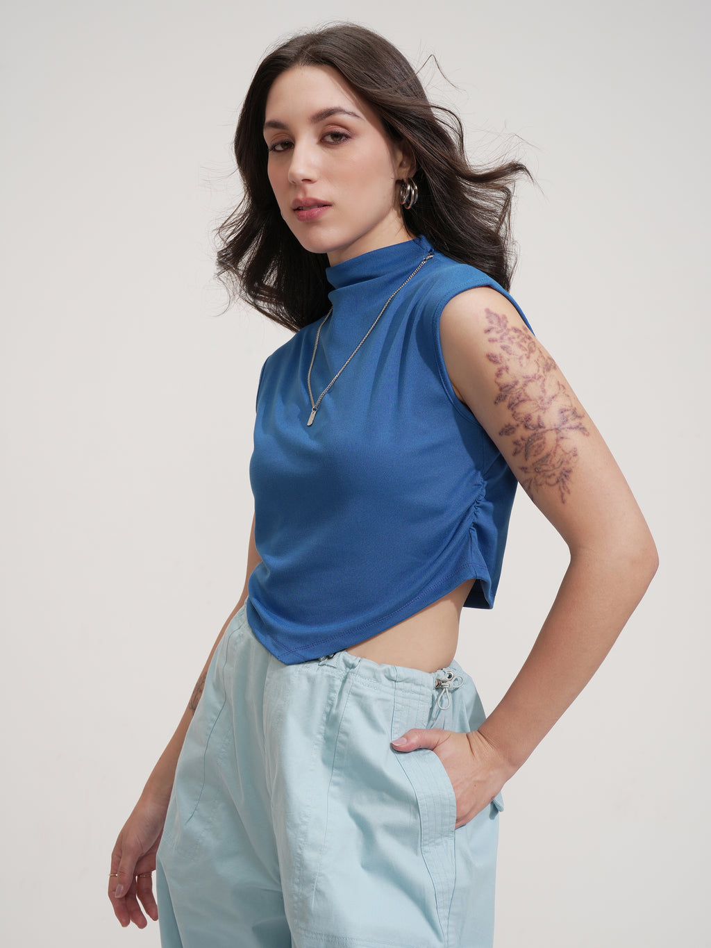 Tokyo Talkies Women Blue Solid Round Neck T-Shirt - Blue - Image 4