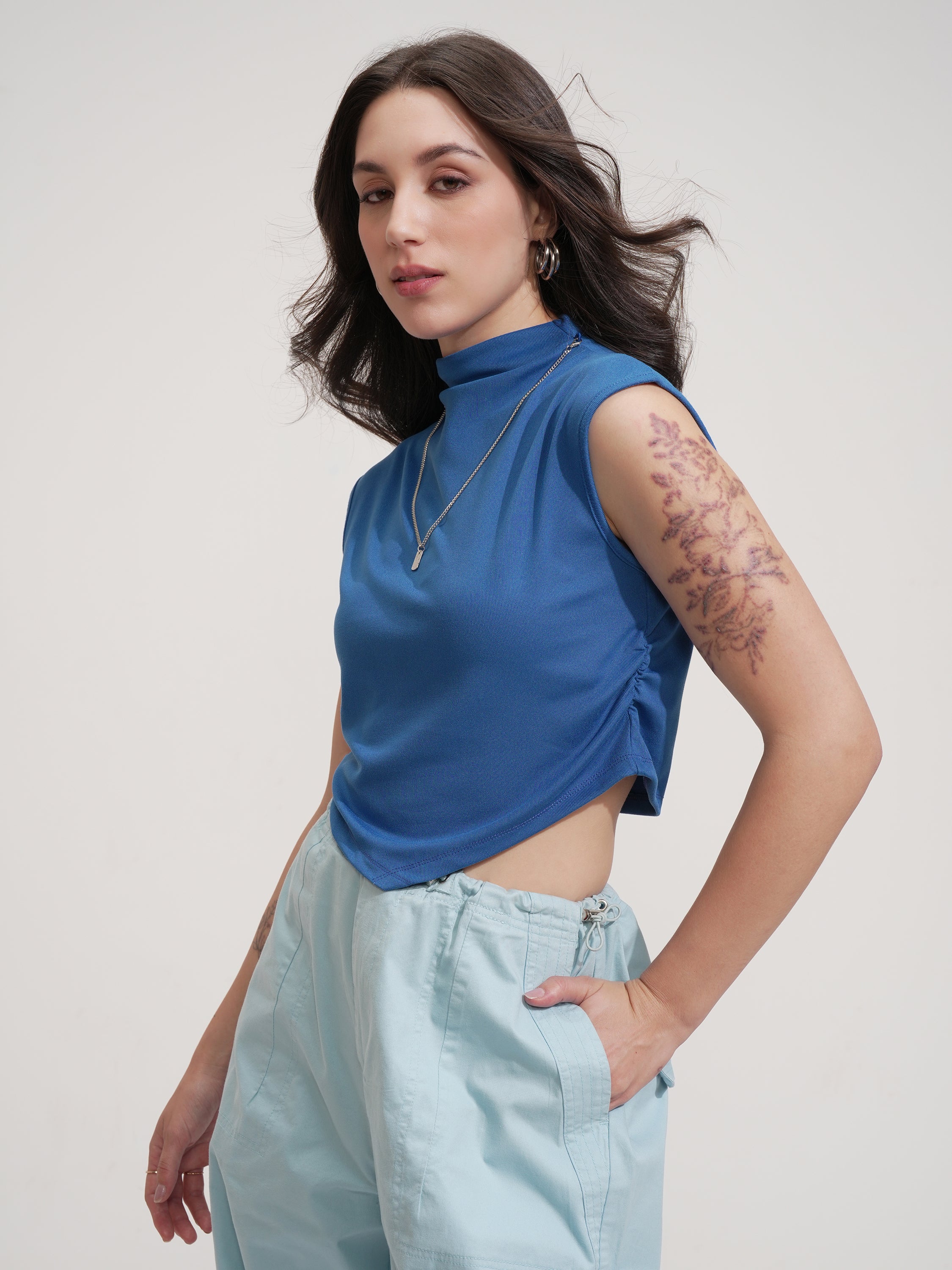 Tokyo Talkies Women Blue Solid Round Neck T-Shirt - Blue - Image 4