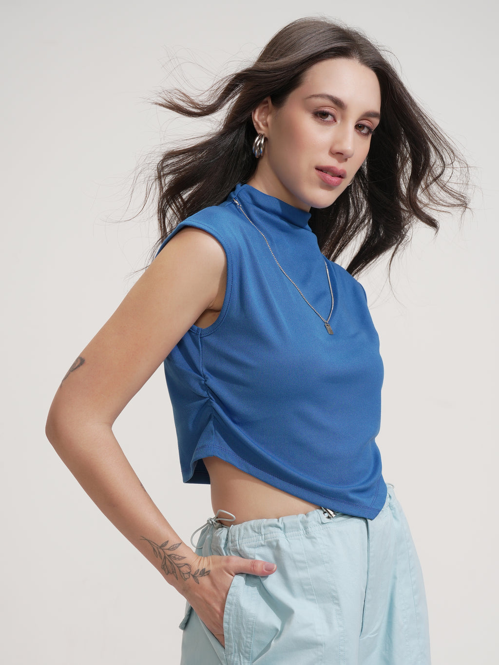 Tokyo Talkies Women Blue Solid Round Neck T-Shirt - Blue - Image 6