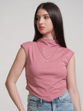 Tokyo Talkies Women Pink Solid High Neck T-Shirt - Pink - Image 1