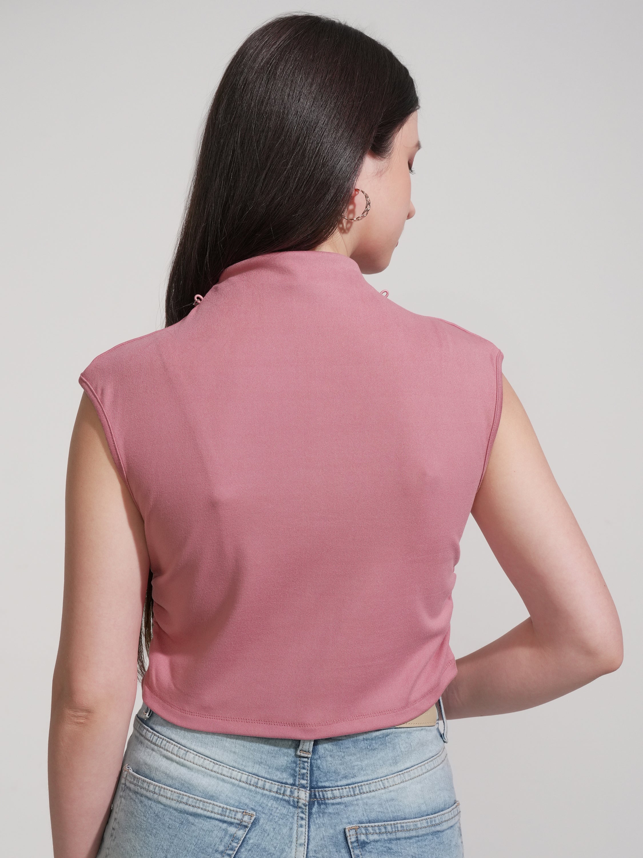 Tokyo Talkies Women Pink Solid High Neck T-Shirt - Pink - Image 3