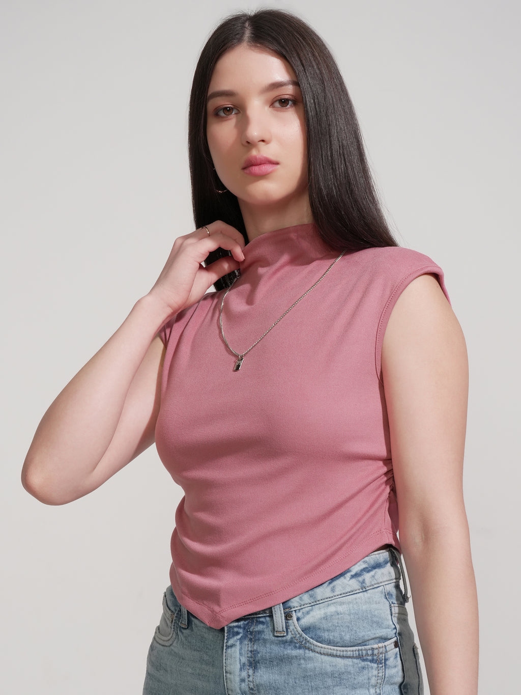 Tokyo Talkies Women Pink Solid High Neck T-Shirt - Pink - Image 4
