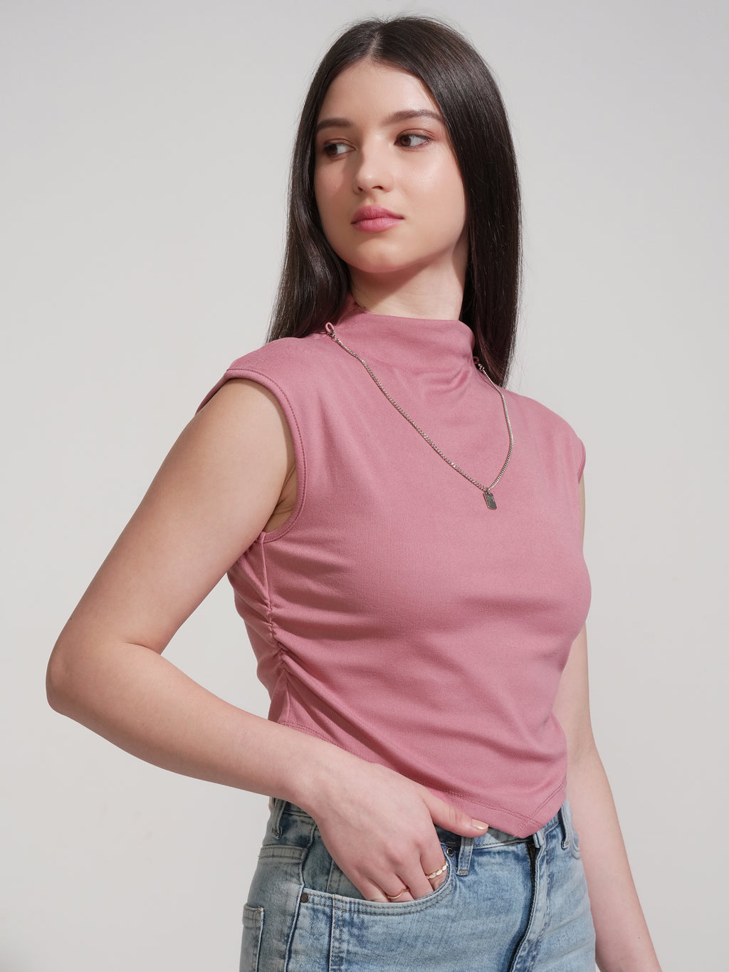Tokyo Talkies Women Pink Solid High Neck T-Shirt - Pink - Image 6