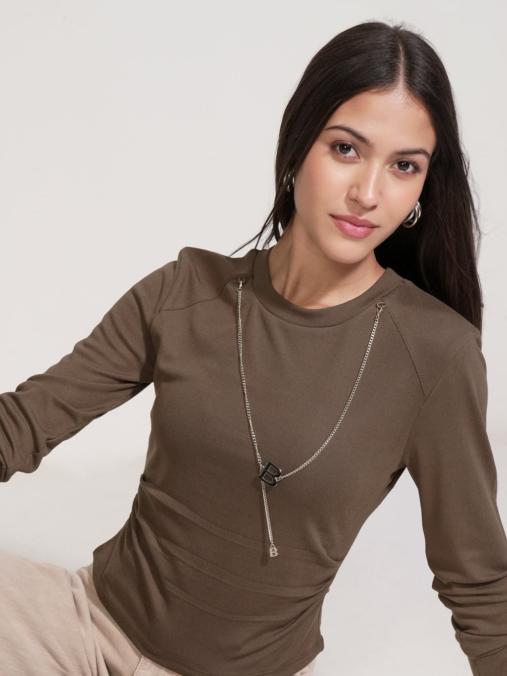 Tokyo Talkies Women Brown Solid Round Neck T-Shirt - Brown - Image 1