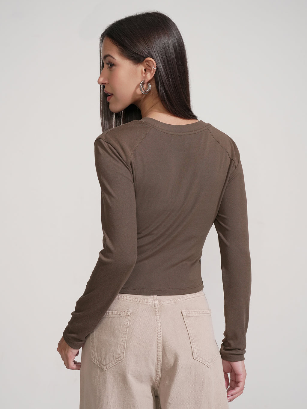 Tokyo Talkies Women Brown Solid Round Neck T-Shirt - Brown - Image 3